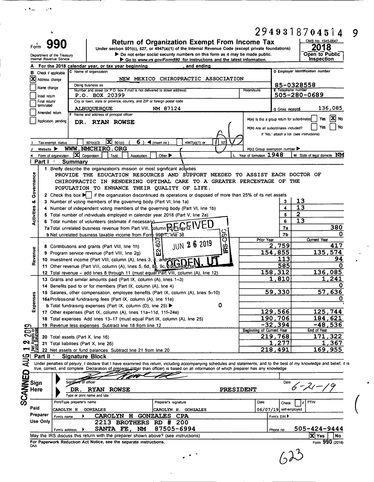 Image of first page of 2018 Form 990O for New Mexico Chiropractic Association