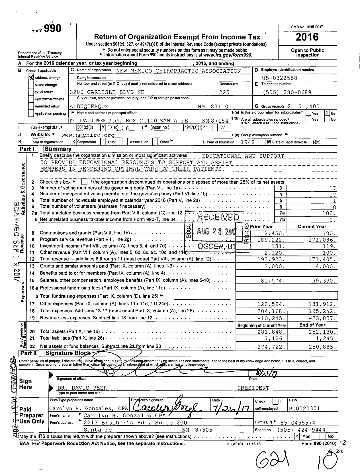 Image of first page of 2016 Form 990O for New Mexico Chiropractic Association