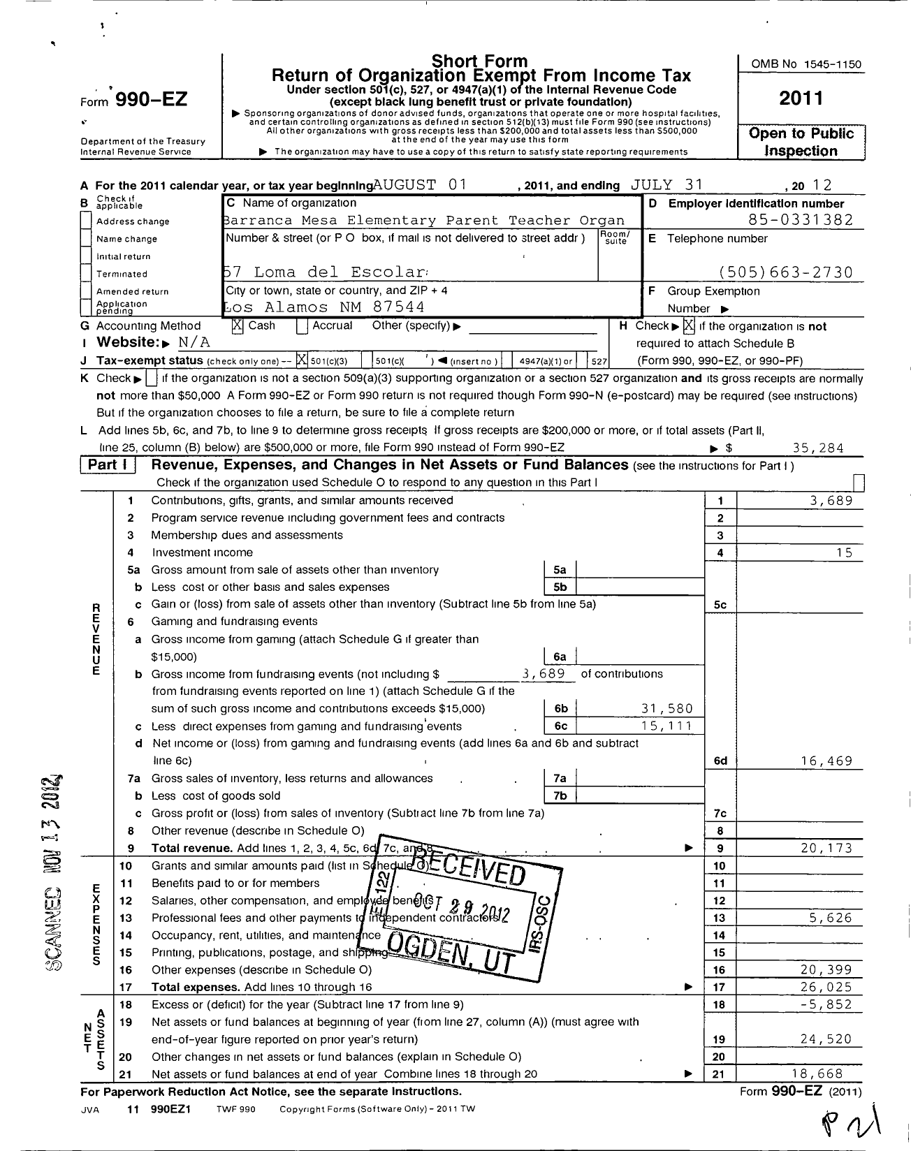 Image of first page of 2011 Form 990EZ for Barranca Mesa Parent Teacher Organization