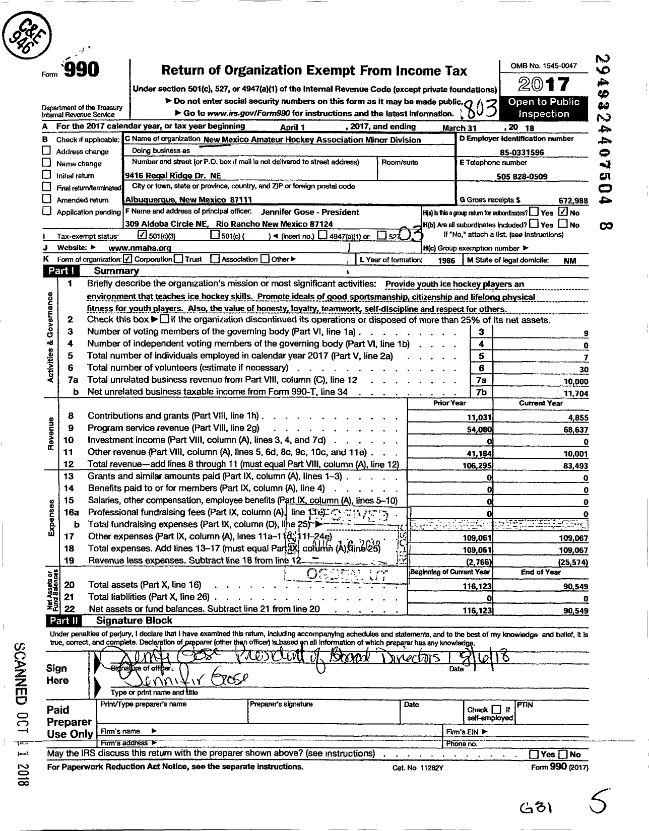 Image of first page of 2017 Form 990 for New Mexico Amateur Hockey Association