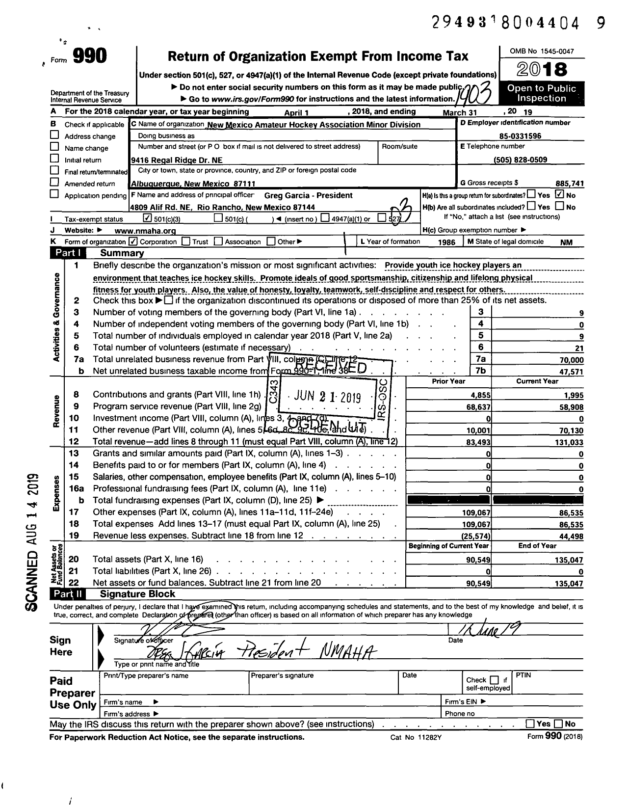 Image of first page of 2018 Form 990 for New Mexico Amateur Hockey Association