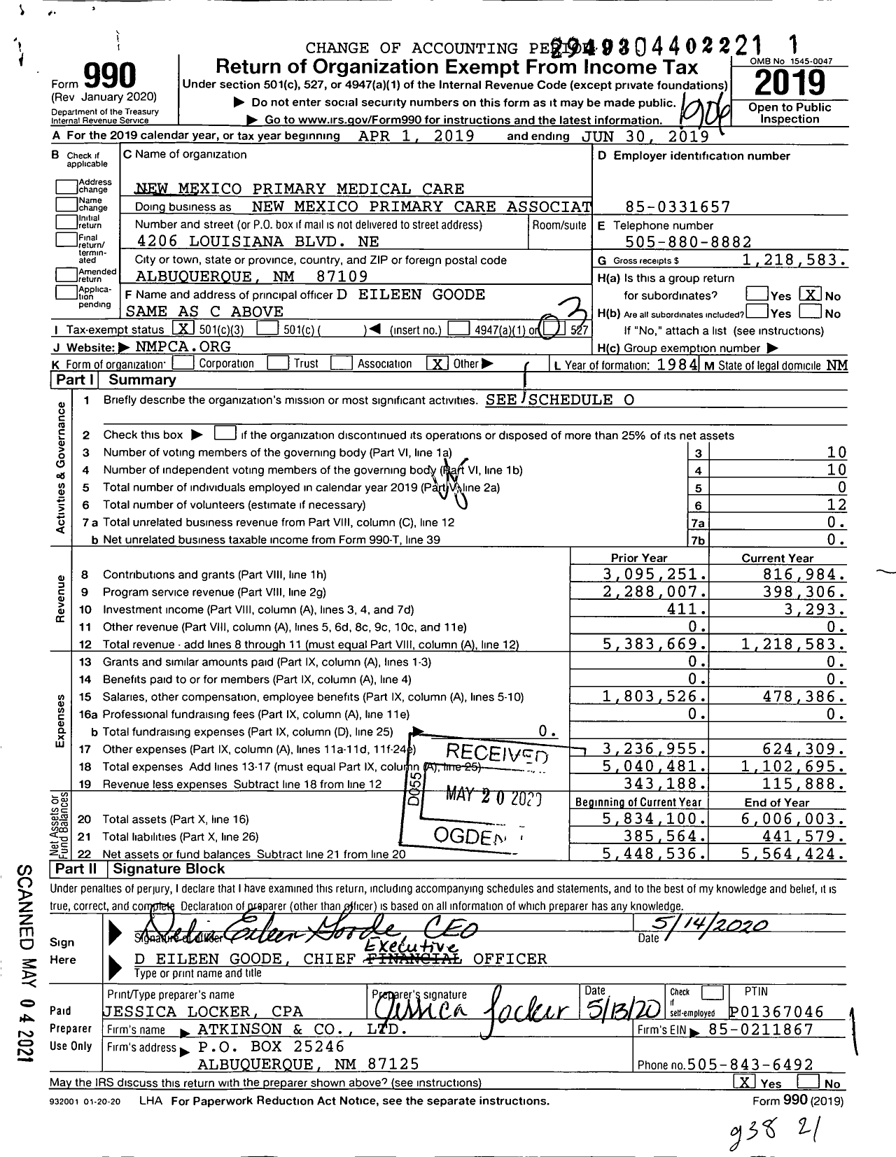 Image of first page of 2018 Form 990 for New Mexico Primary Care Association (NMPCA)