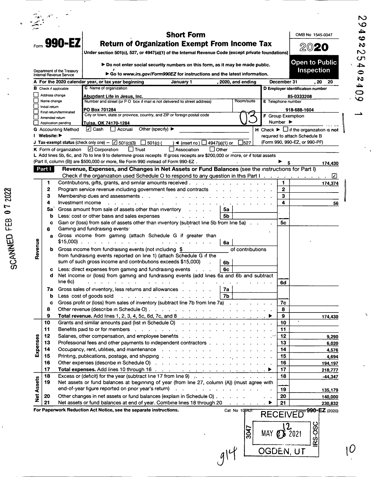 Image of first page of 2020 Form 990EZ for Abundant Life in Jesus