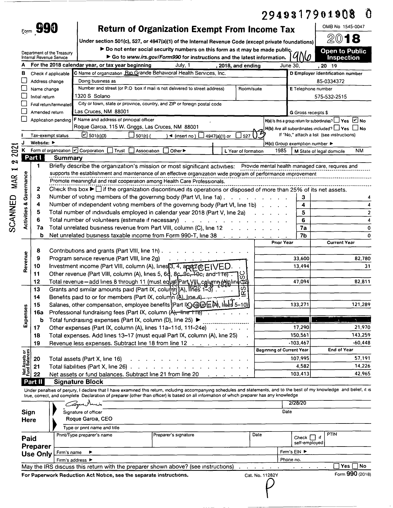 Image of first page of 2018 Form 990 for Rio Grande Behavioral Health