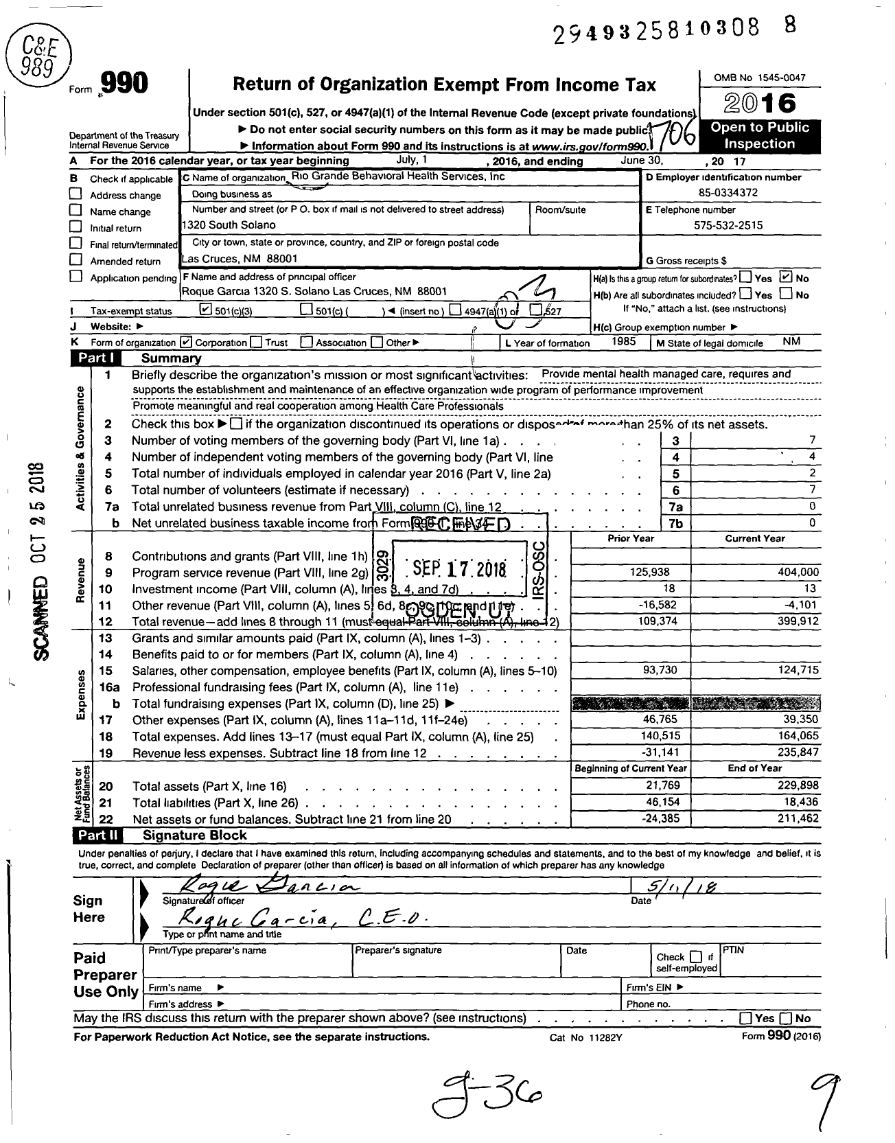 Image of first page of 2016 Form 990 for Rio Grande Behavioral Health