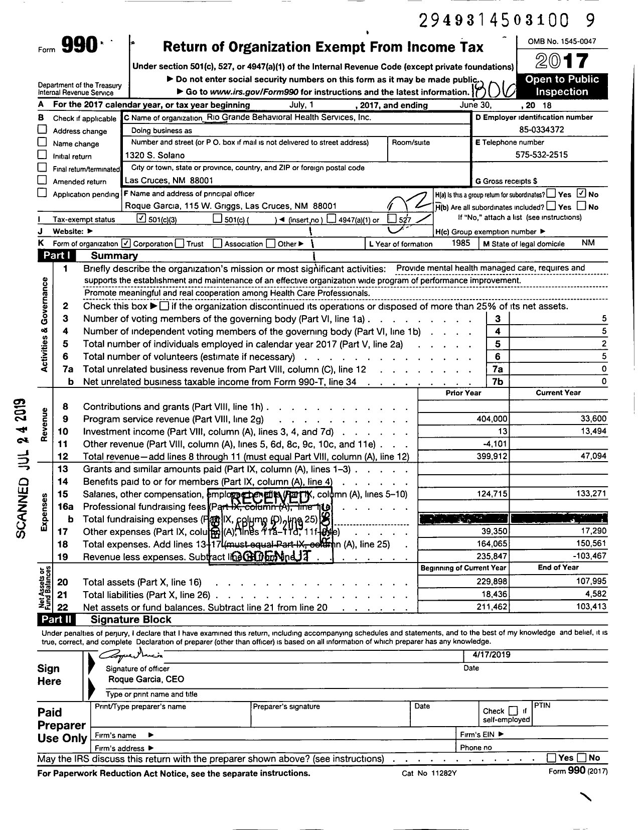 Image of first page of 2017 Form 990 for Rio Grande Behavioral Health