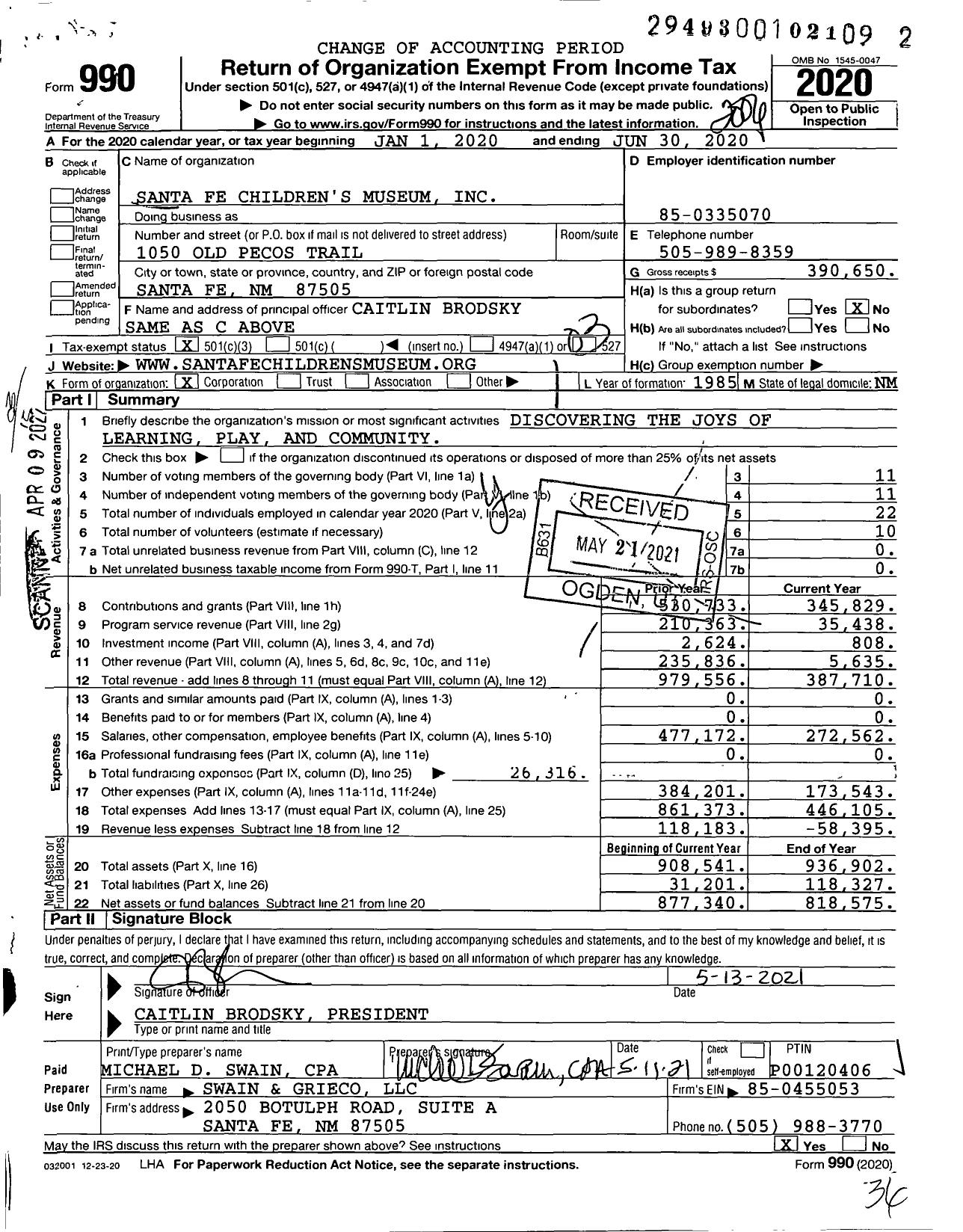 Image of first page of 2019 Form 990 for Santa Fe Children's Museum