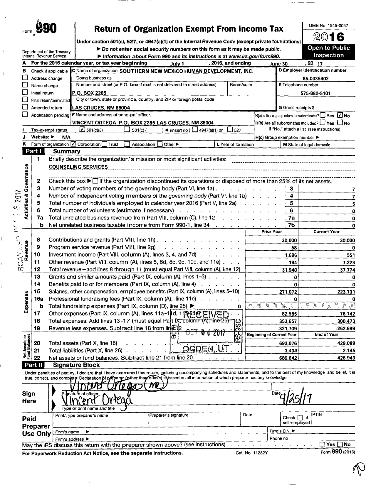 Image of first page of 2016 Form 990 for Southern NEW MEXICO HUMAN Development