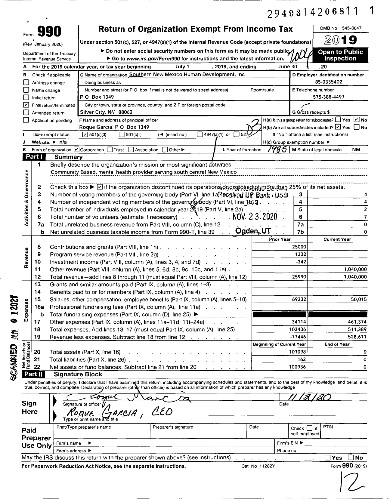 Image of first page of 2019 Form 990 for Southern NEW MEXICO HUMAN Development