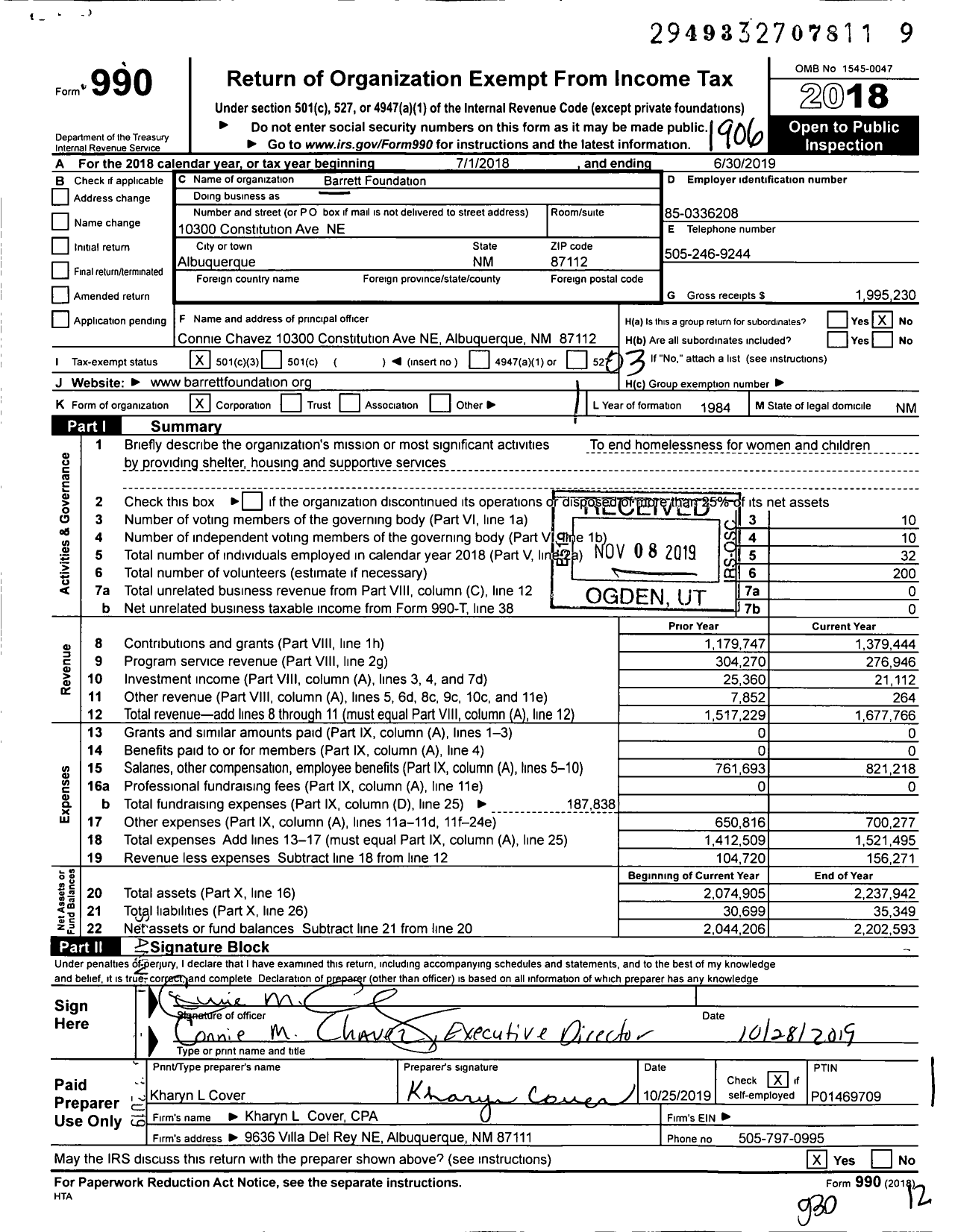 Image of first page of 2018 Form 990 for Barrett Foundation