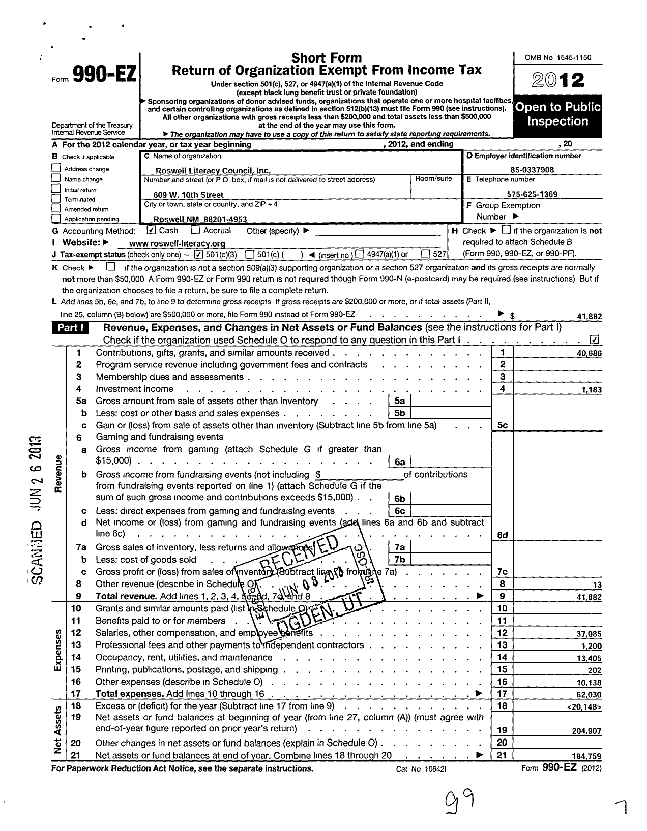 Image of first page of 2012 Form 990EZ for Rosewell Literacy Council Laubach Method