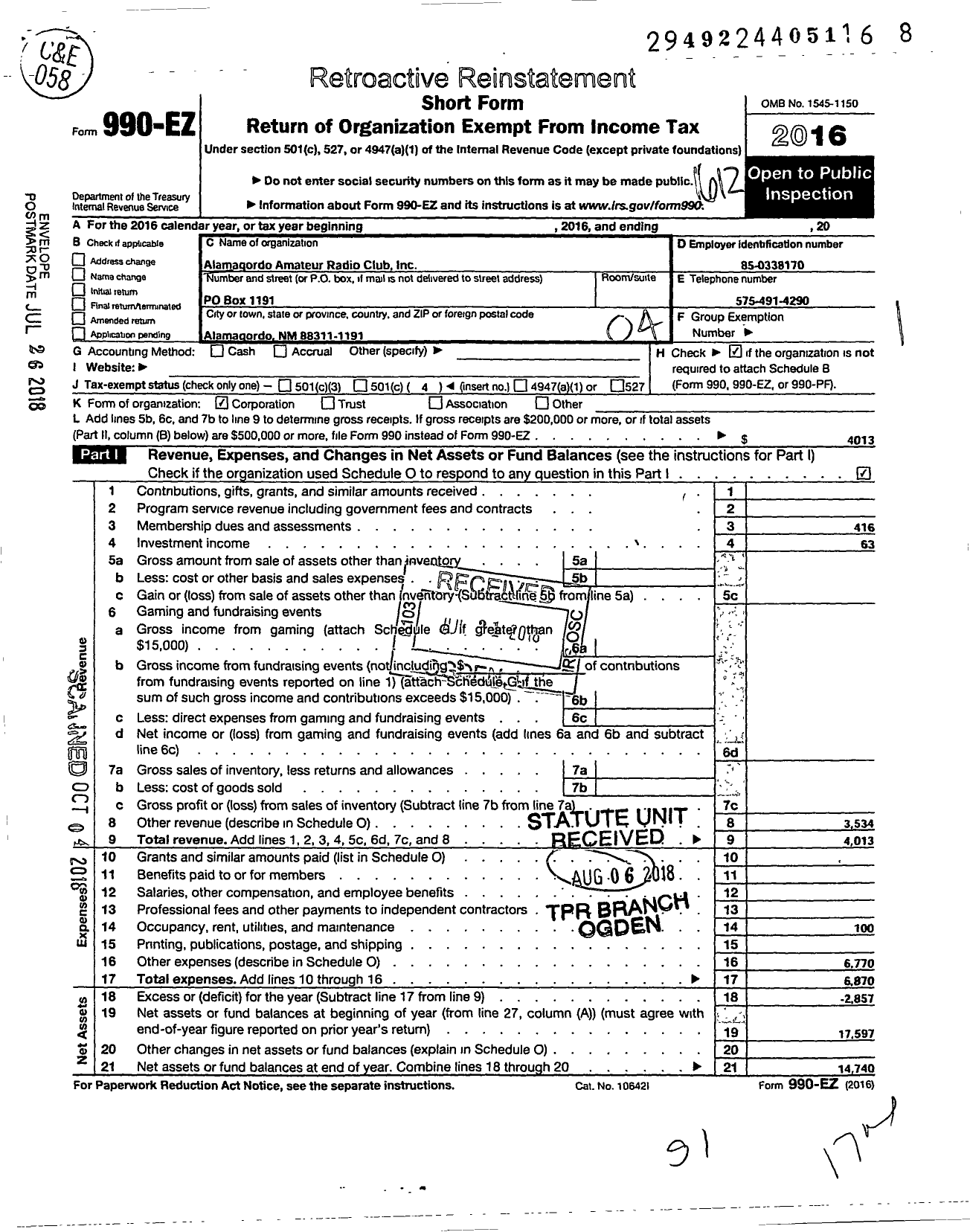 Image of first page of 2016 Form 990EO for Alamogordo Amateur Radio Club