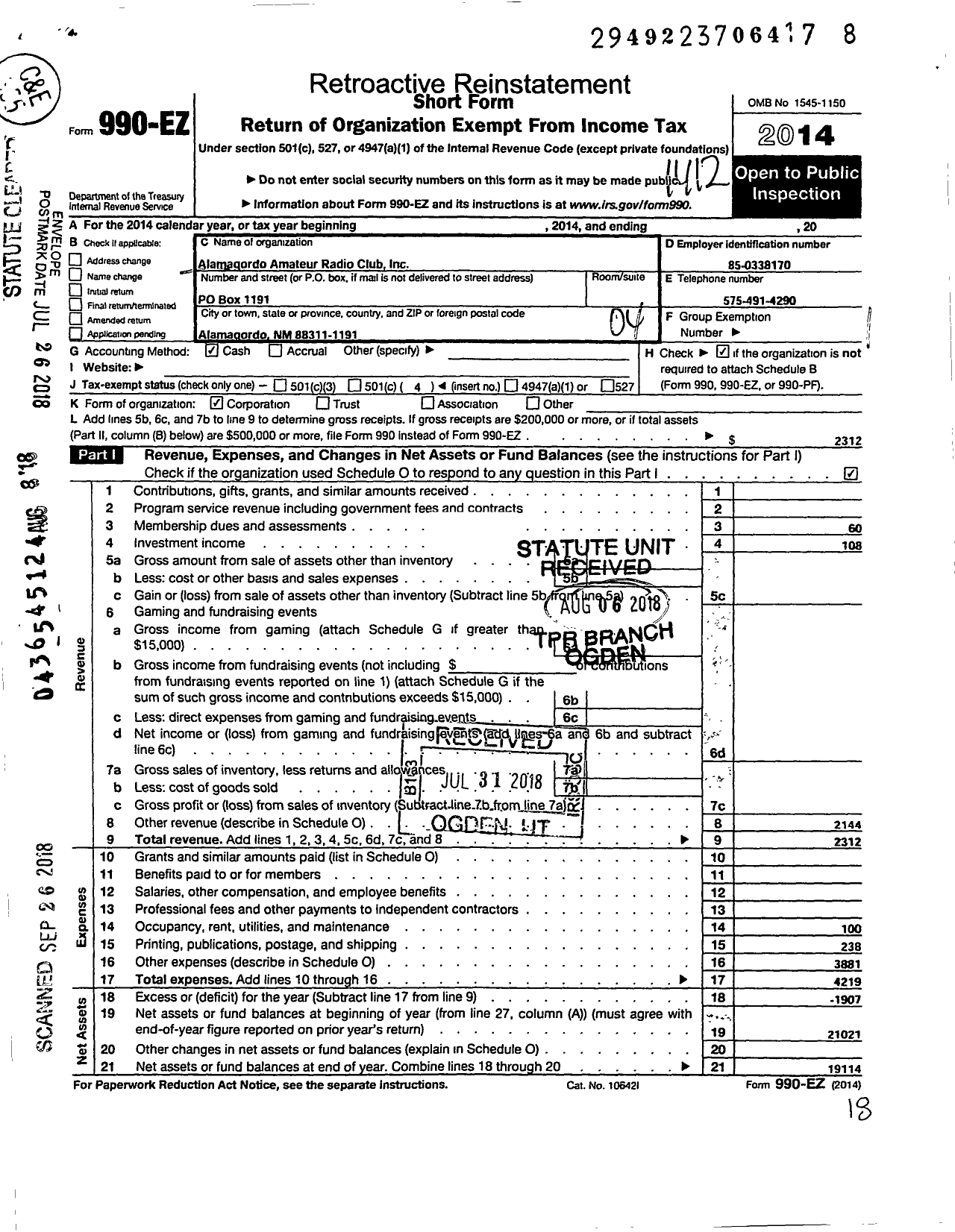 Image of first page of 2014 Form 990EO for Alamogordo Amateur Radio Club