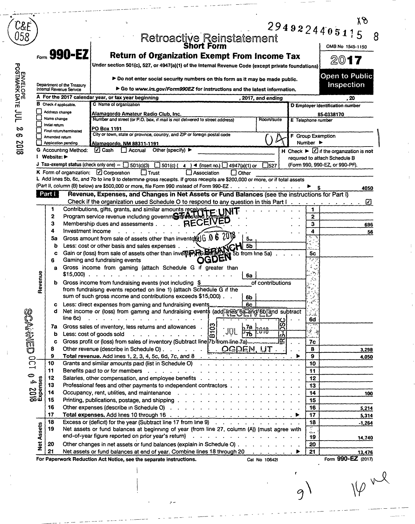 Image of first page of 2017 Form 990EO for Alamogordo Amateur Radio Club