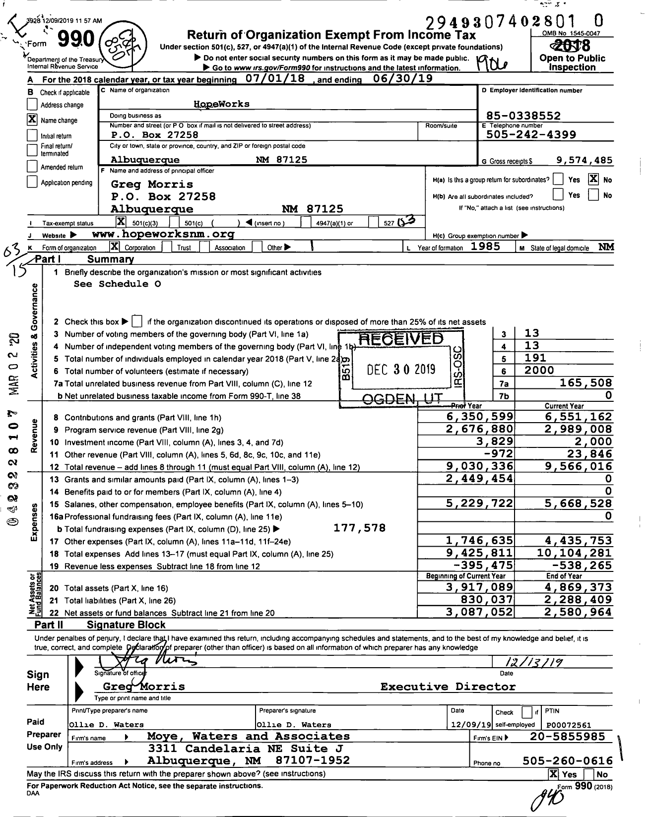 Image of first page of 2018 Form 990 for HopeWorks