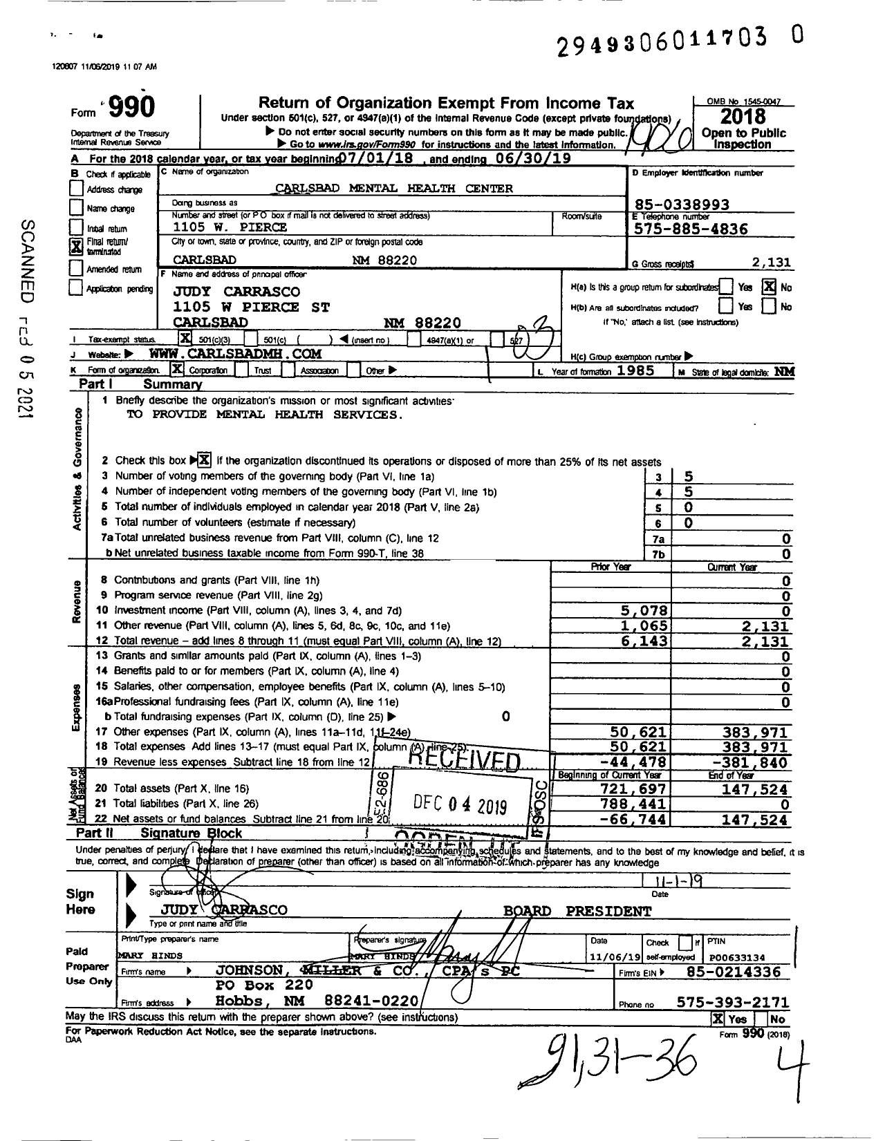 Image of first page of 2018 Form 990 for Carlsbad Mental Health Center