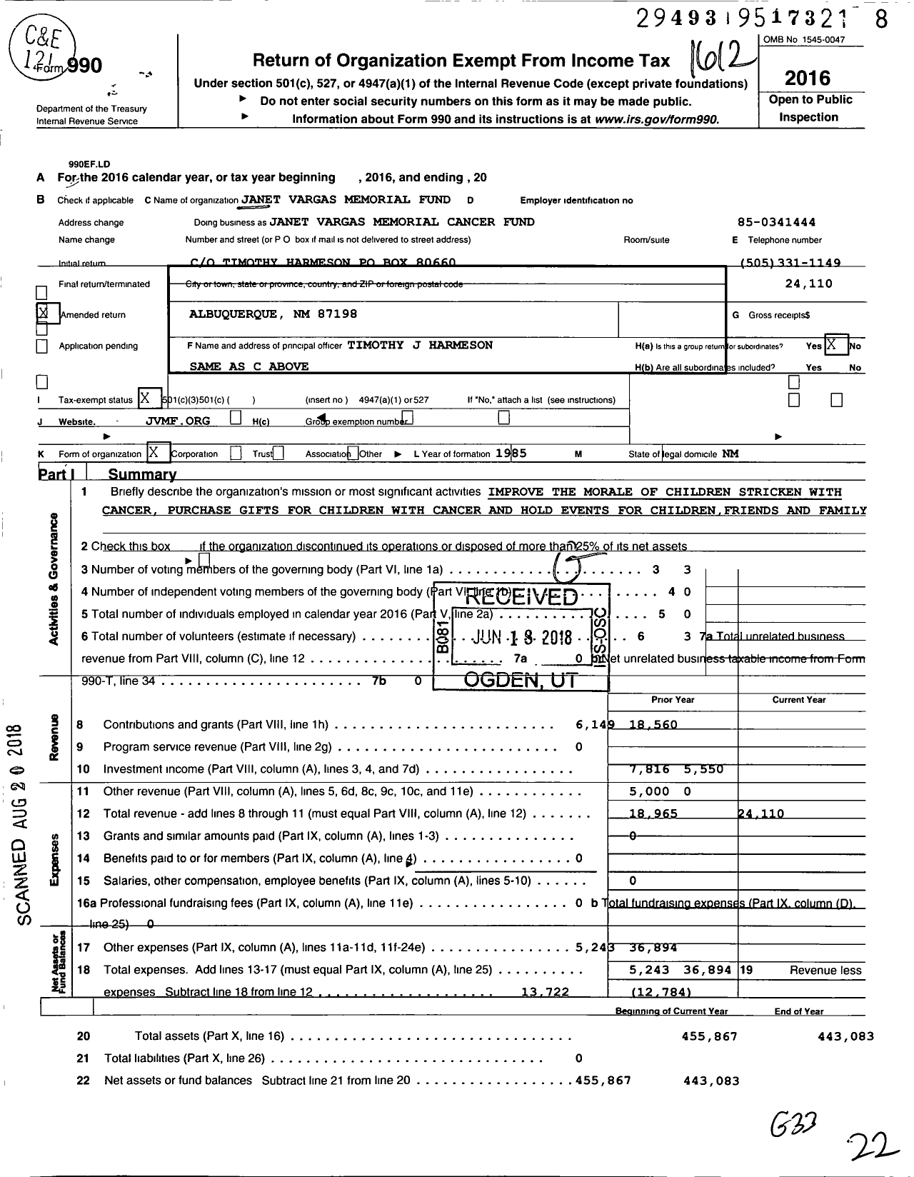 Image of first page of 2016 Form 990 for Janet Vargas Memorial Childrens Cancer Fund Janet Vargas Fund JVMF