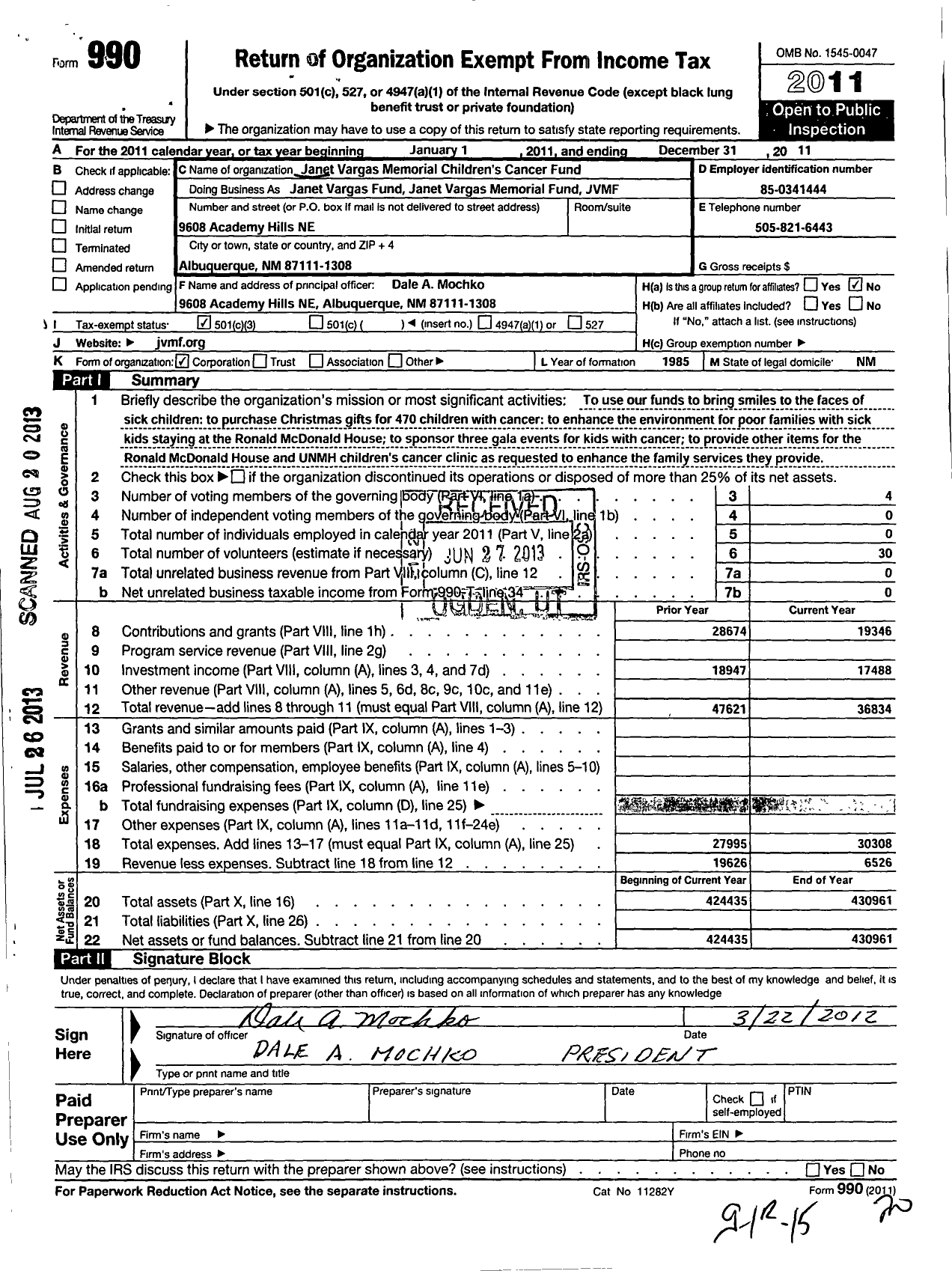 Image of first page of 2011 Form 990 for Janet Vargas Memorial Childrens Cancer Fund Janet Vargas Fund JVMF