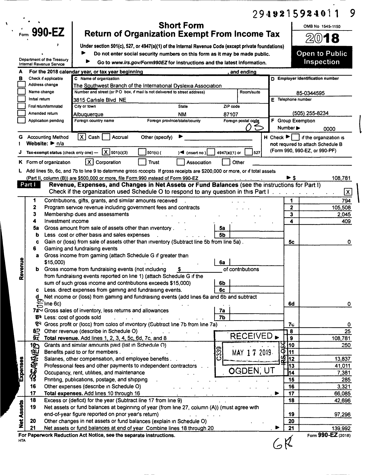 Image of first page of 2018 Form 990EZ for The Southwest Branch of the International Dyslexia Association