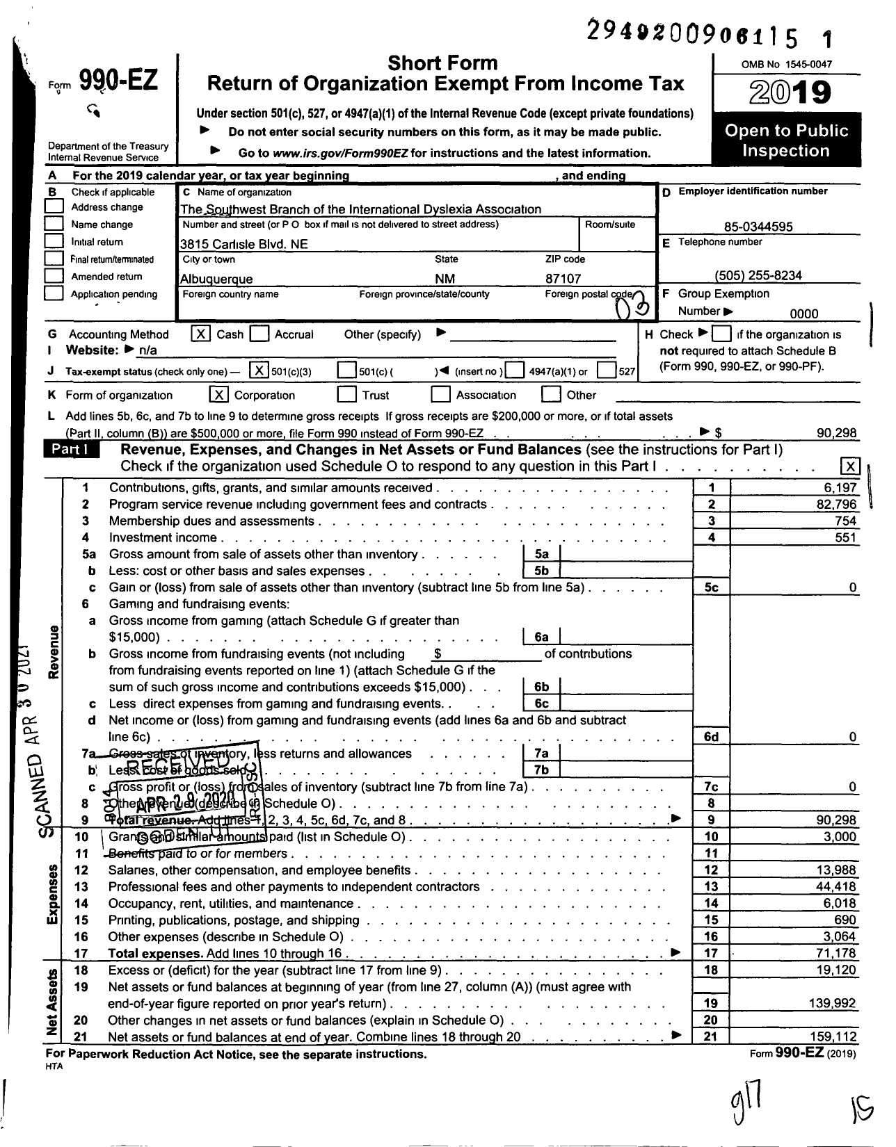 Image of first page of 2019 Form 990EZ for The Southwest Branch of the International Dyslexia Association