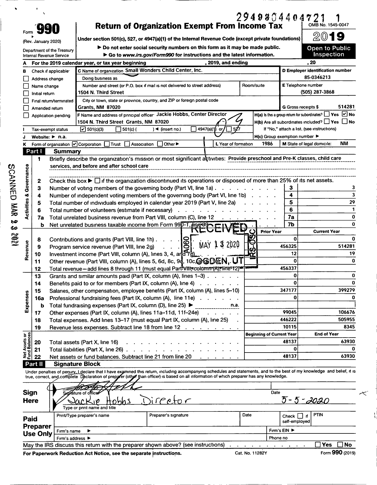 Image of first page of 2019 Form 990 for Small Wonders Child Center Incorporated