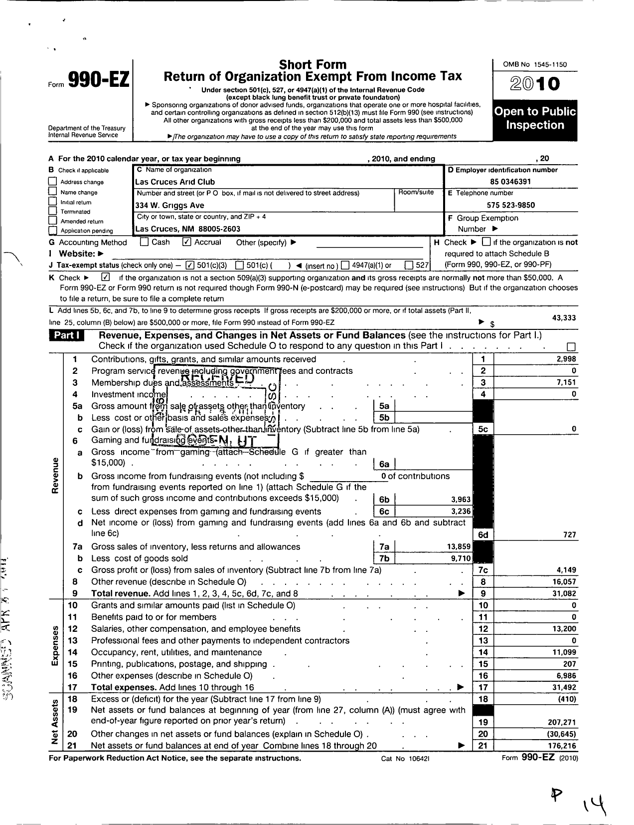 Image of first page of 2010 Form 990EZ for Las Cruces Arid Club