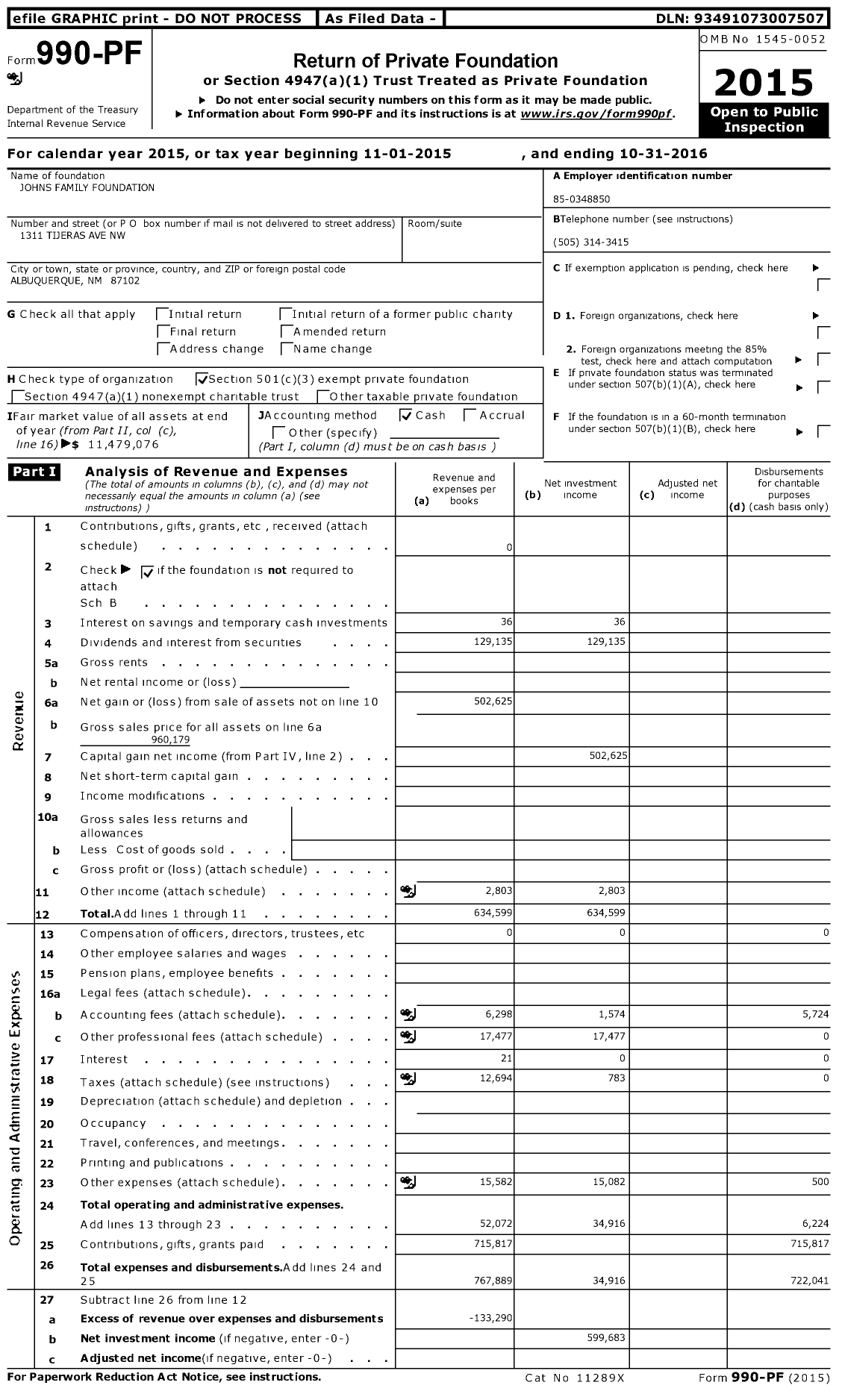 Image of first page of 2015 Form 990PF for Johns Family Foundation