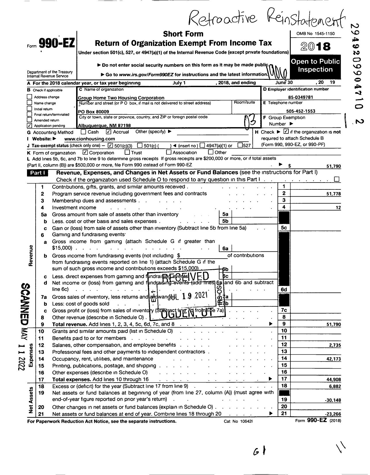 Image of first page of 2018 Form 990EZ for Group Home Two Housing Corporation