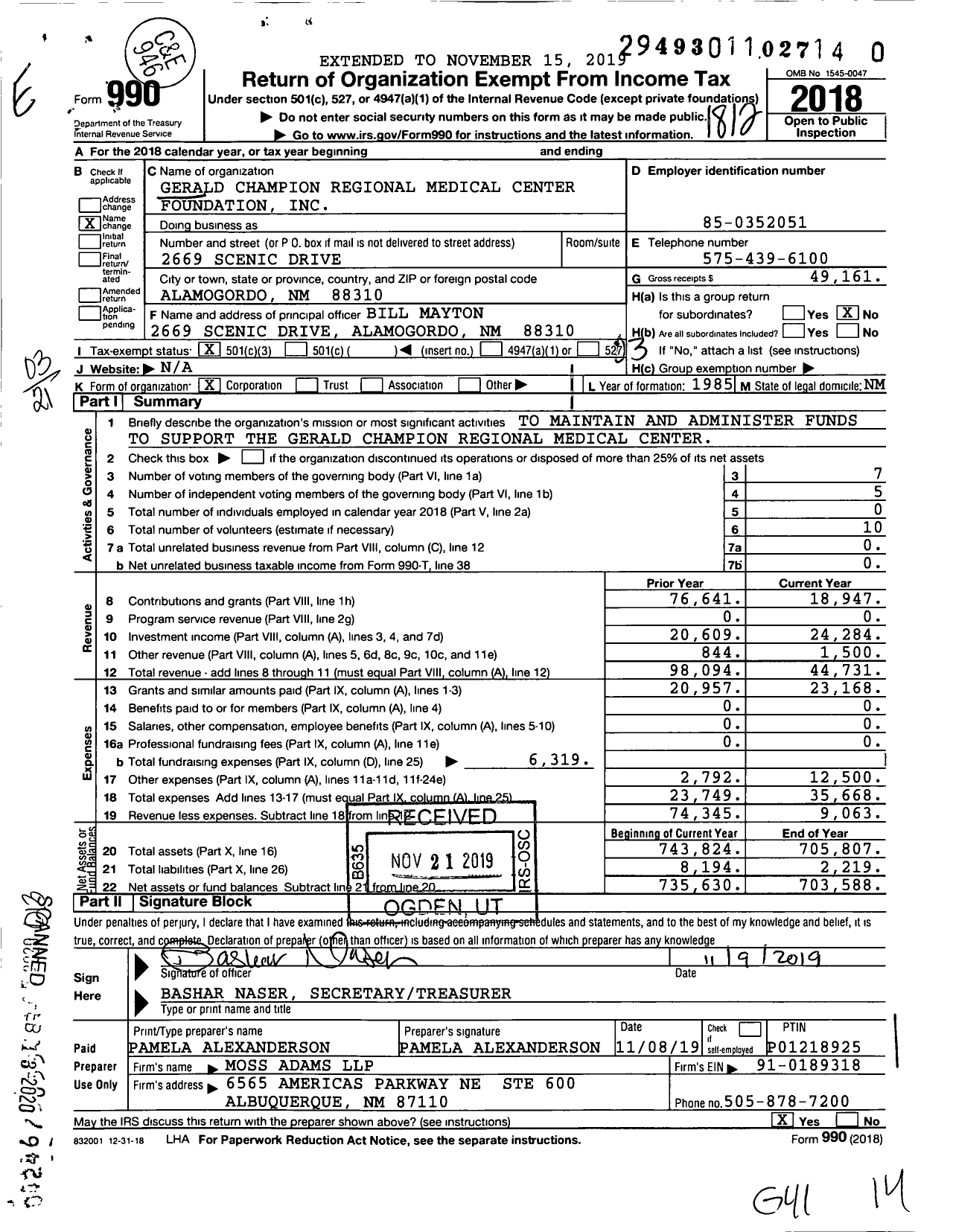 Image of first page of 2018 Form 990 for Gerald Champion Regional Medical Center Foundation