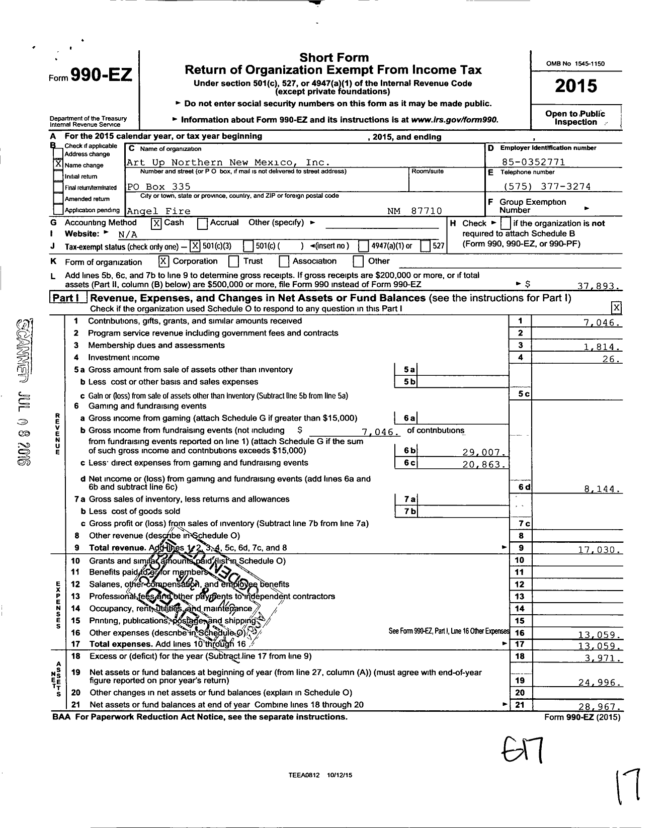 Image of first page of 2015 Form 990EZ for Art Up Northern New Mexico