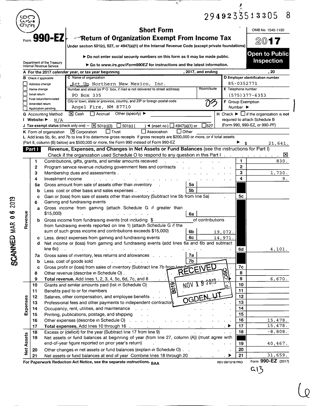 Image of first page of 2017 Form 990EZ for Art Up Northern New Mexico