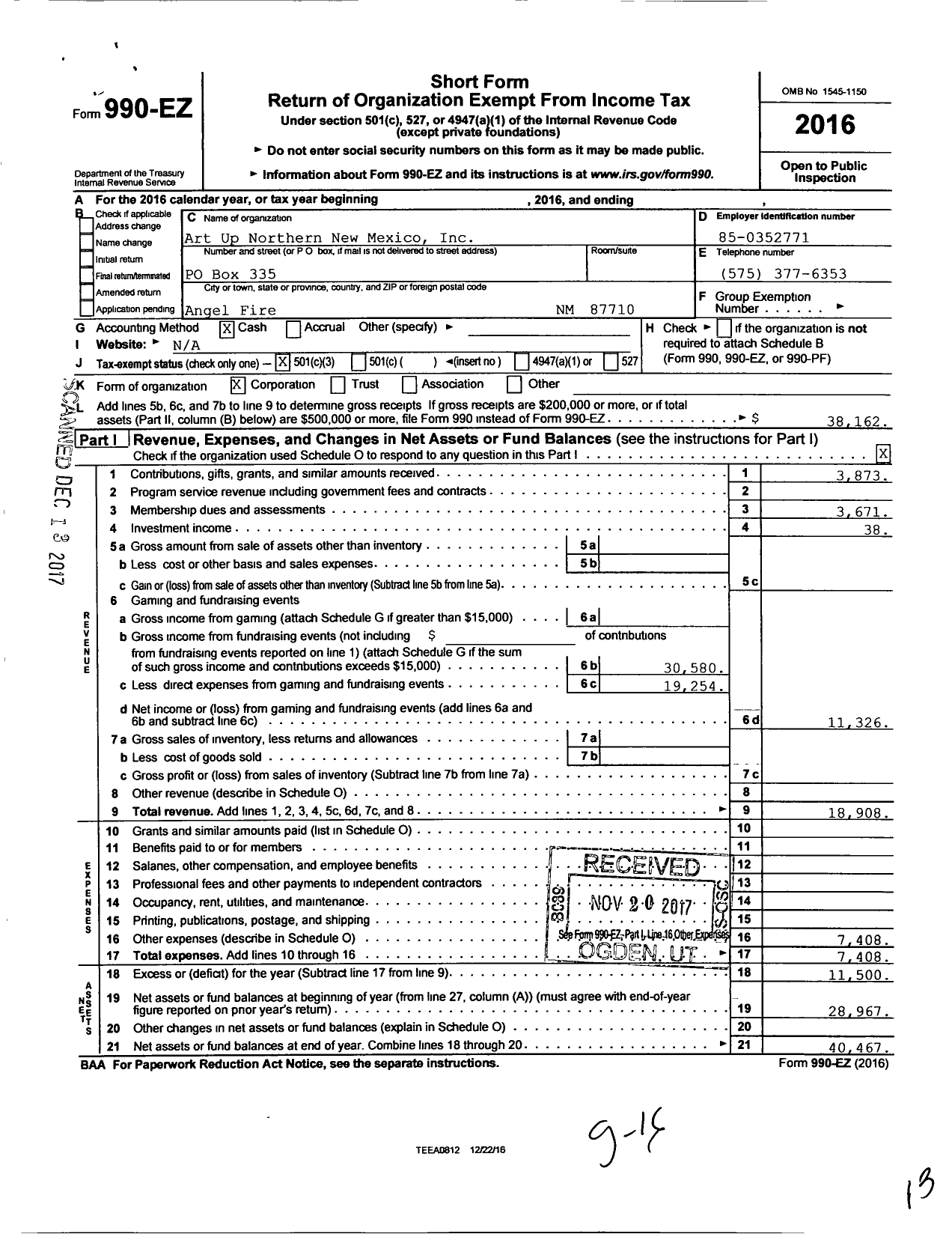 Image of first page of 2016 Form 990EZ for Art Up Northern New Mexico