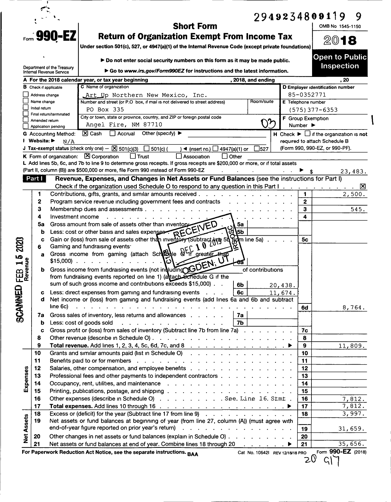 Image of first page of 2018 Form 990EZ for Art Up Northern New Mexico