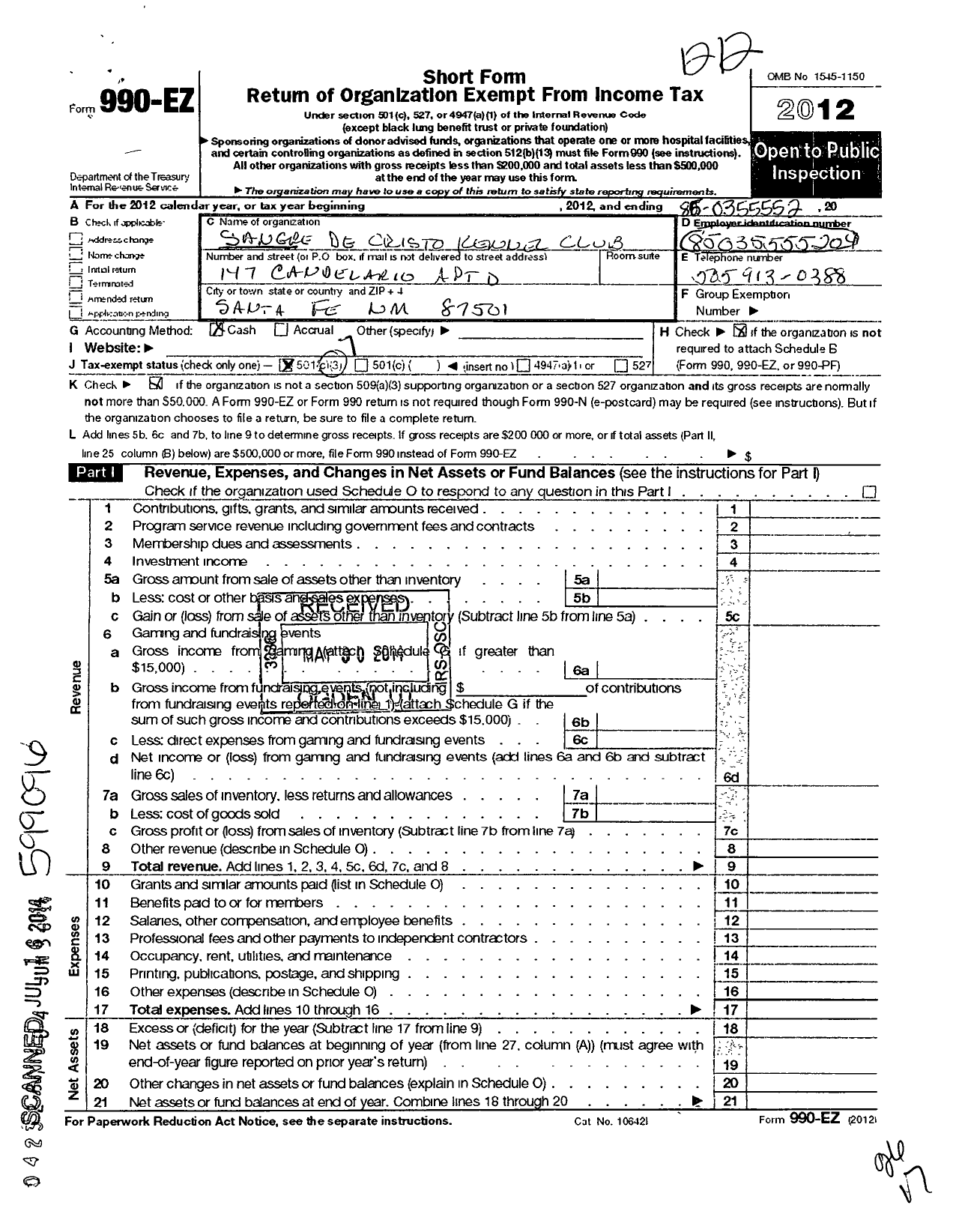 Image of first page of 2012 Form 990EO for Sangre de Cristo Kennel Club