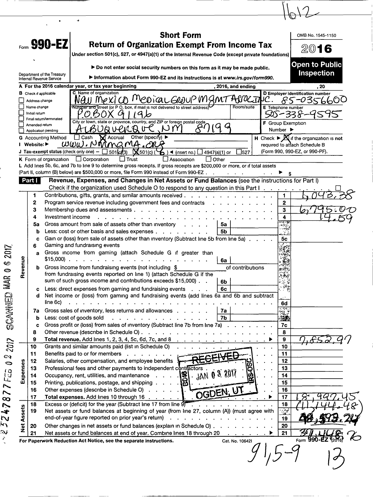 Image of first page of 2016 Form 990EO for New Mexico Medical Group Management Association