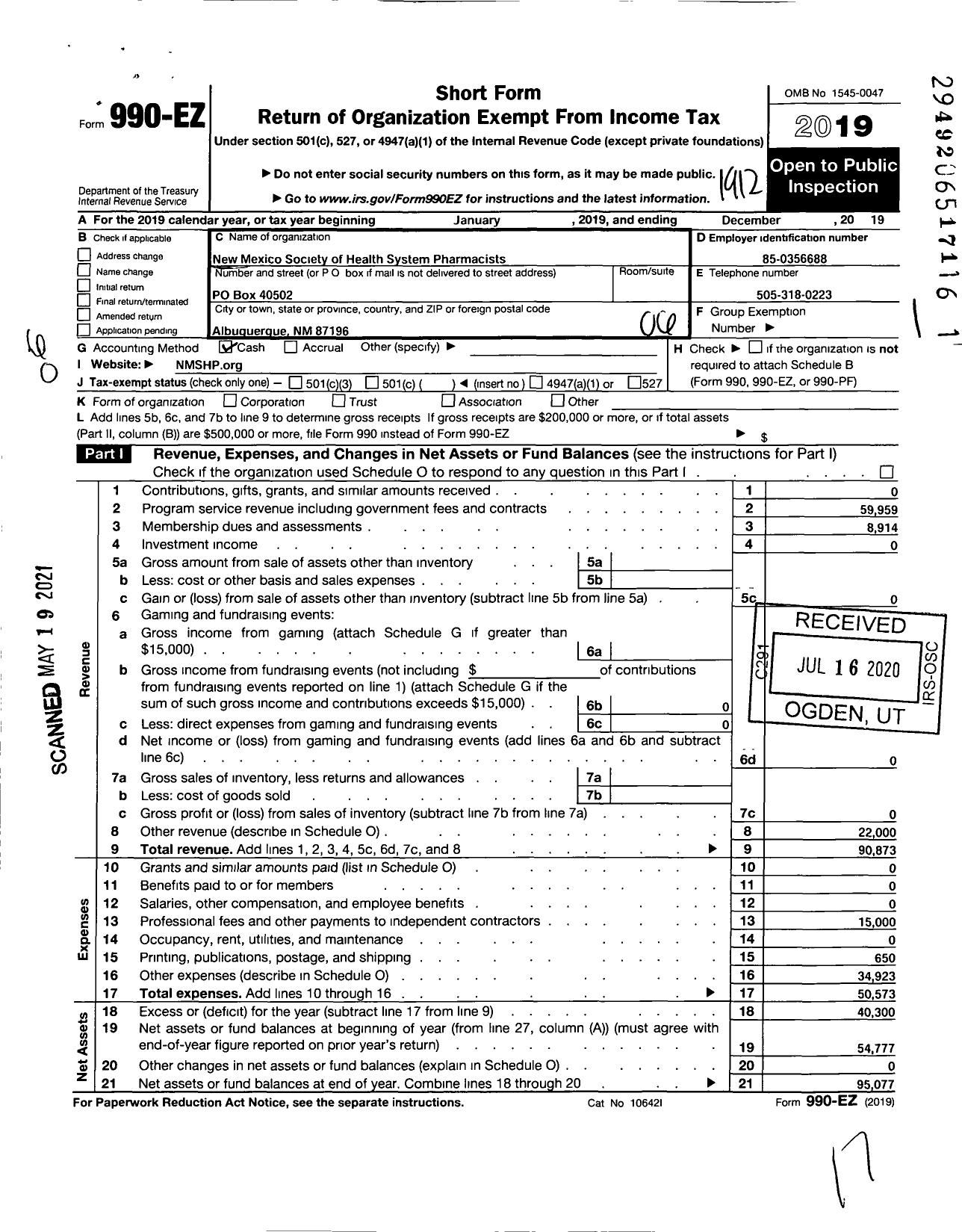 Image of first page of 2019 Form 990EO for New Mexico Society of Health-System Pharmacists