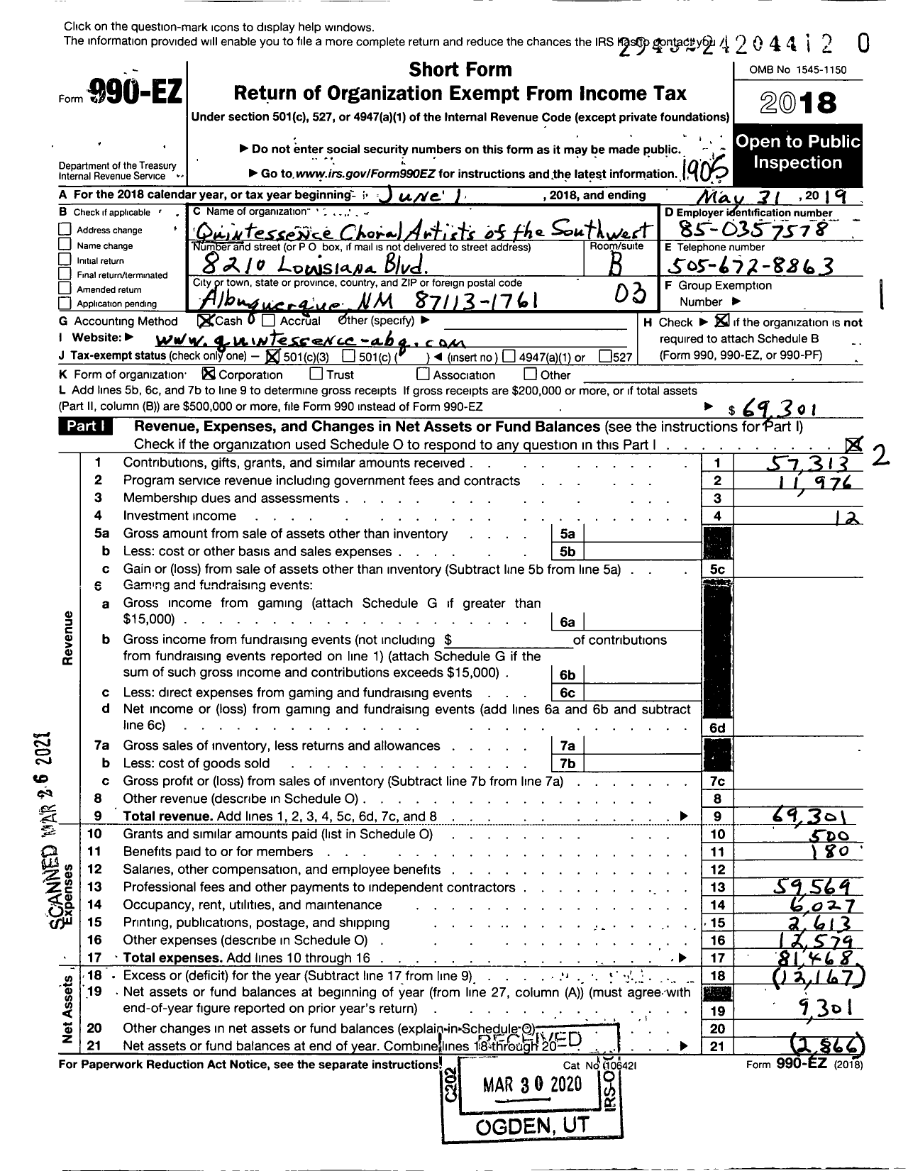 Image of first page of 2018 Form 990EZ for Quintessence Artists Community of Singers