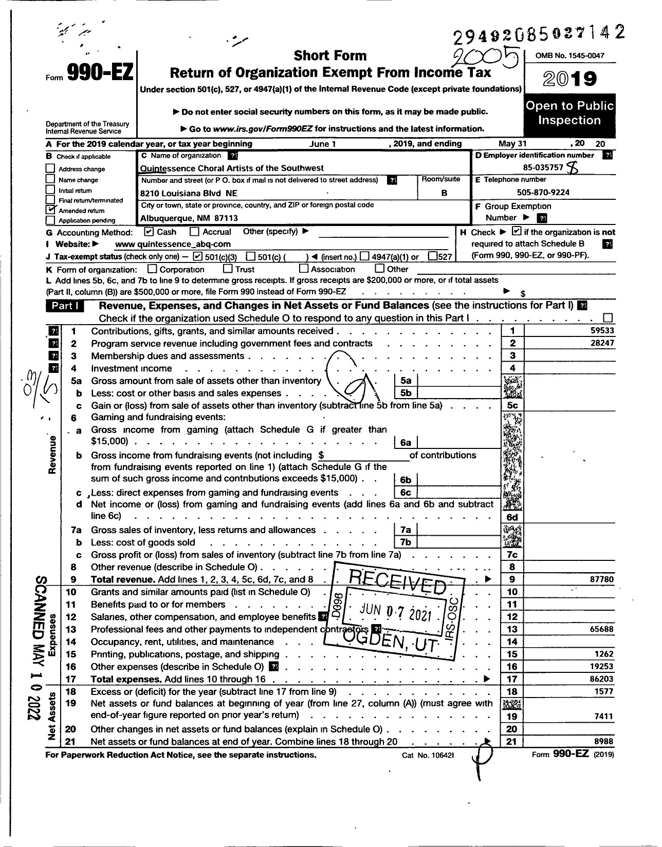 Image of first page of 2019 Form 990EZ for Quintessence Artists Community of Singers