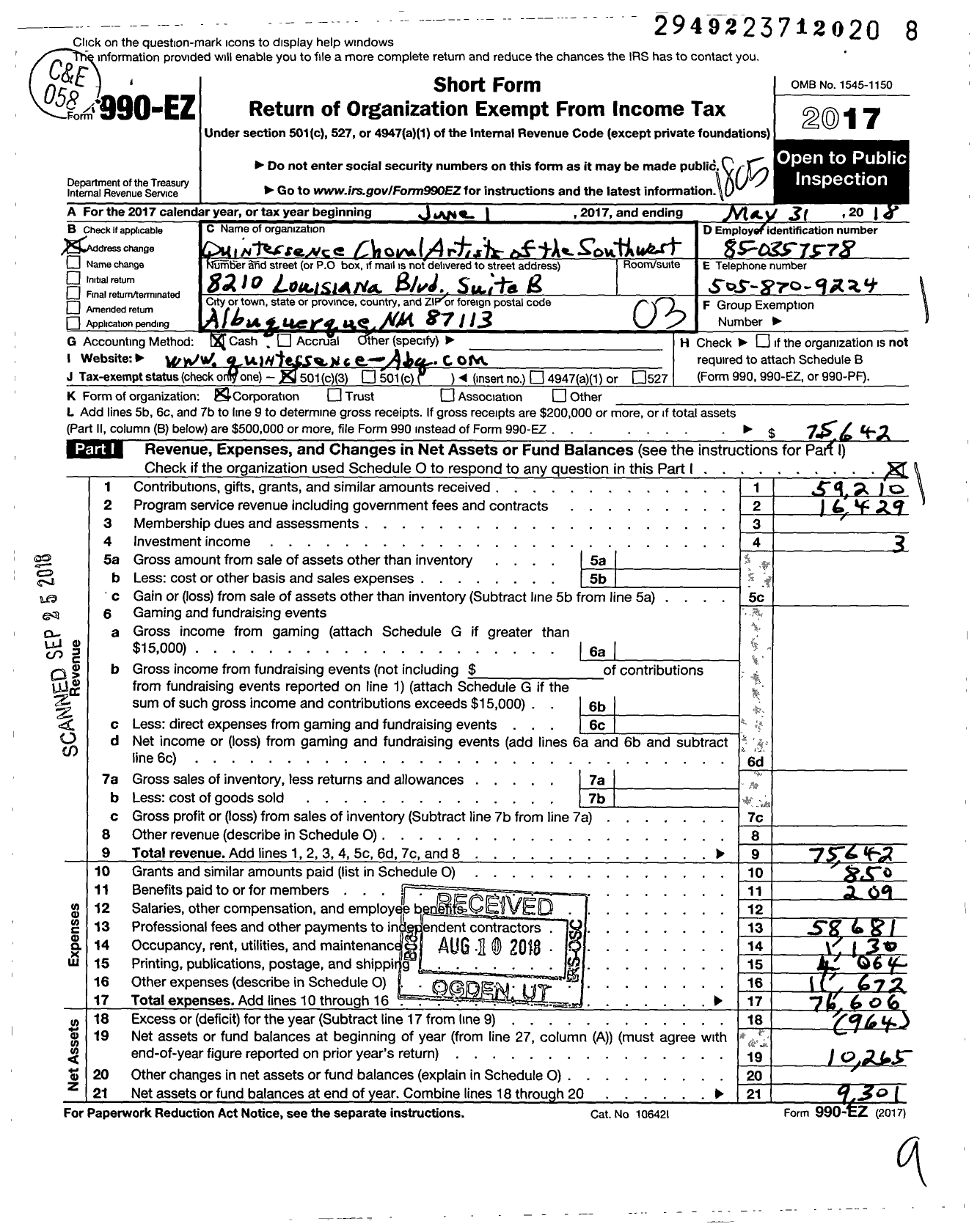 Image of first page of 2017 Form 990EZ for Quintessence Artists Community of Singers