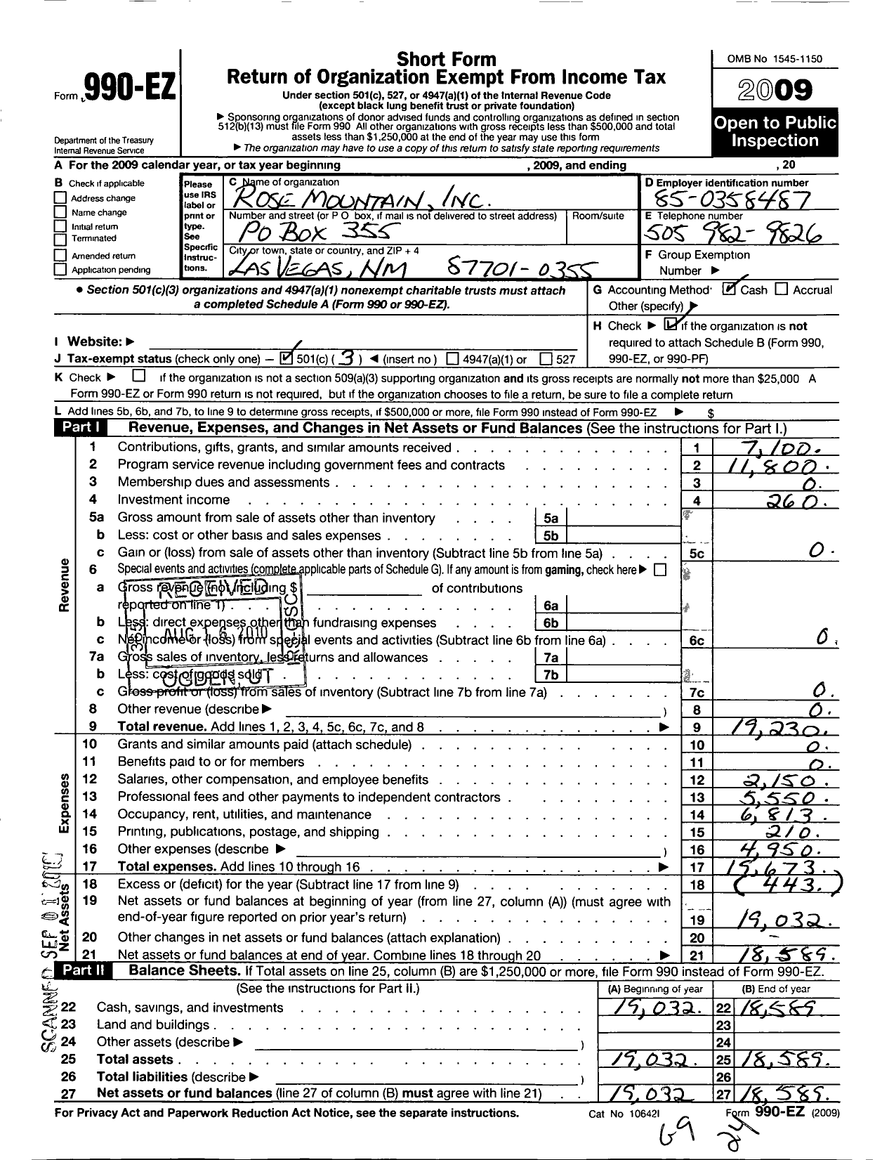 Image of first page of 2009 Form 990EZ for Rose Mountain