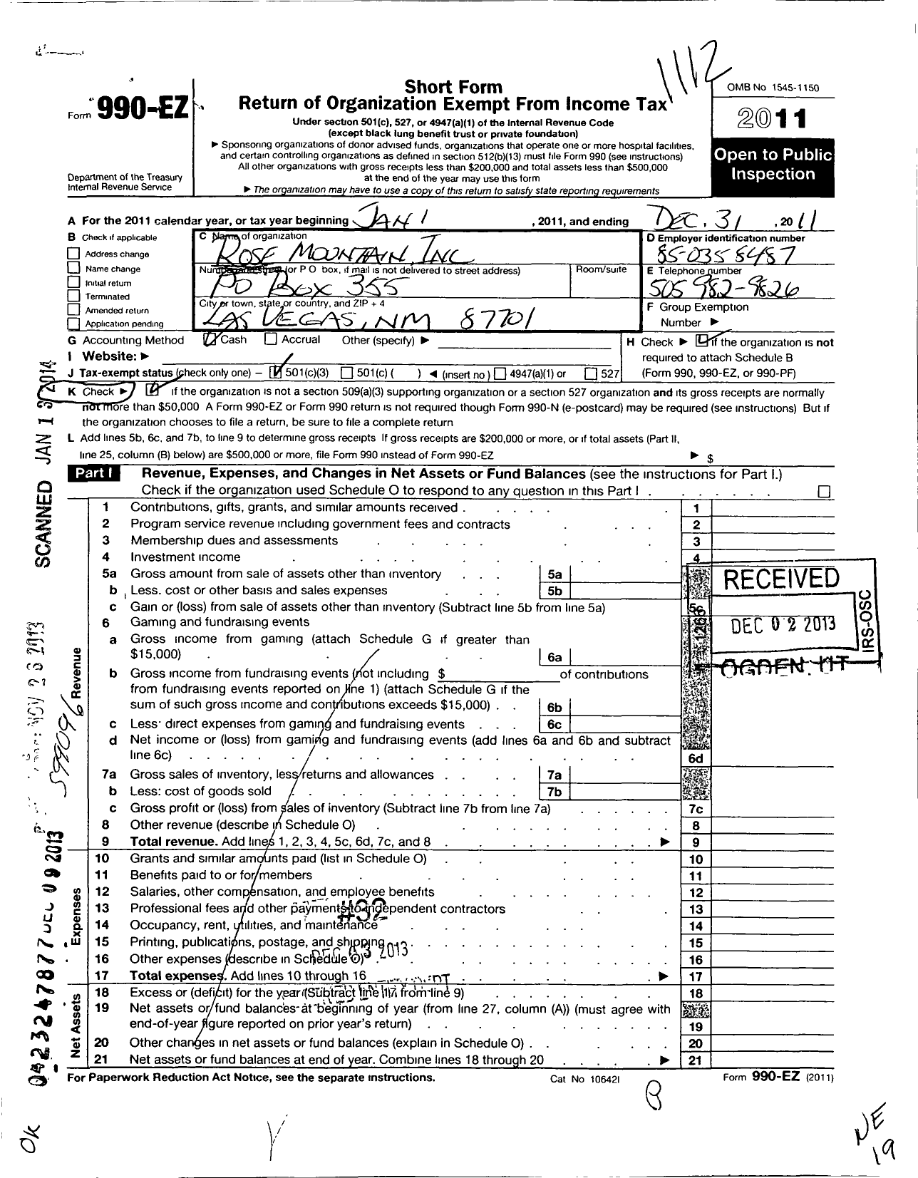 Image of first page of 2011 Form 990EZ for Rose Mountain