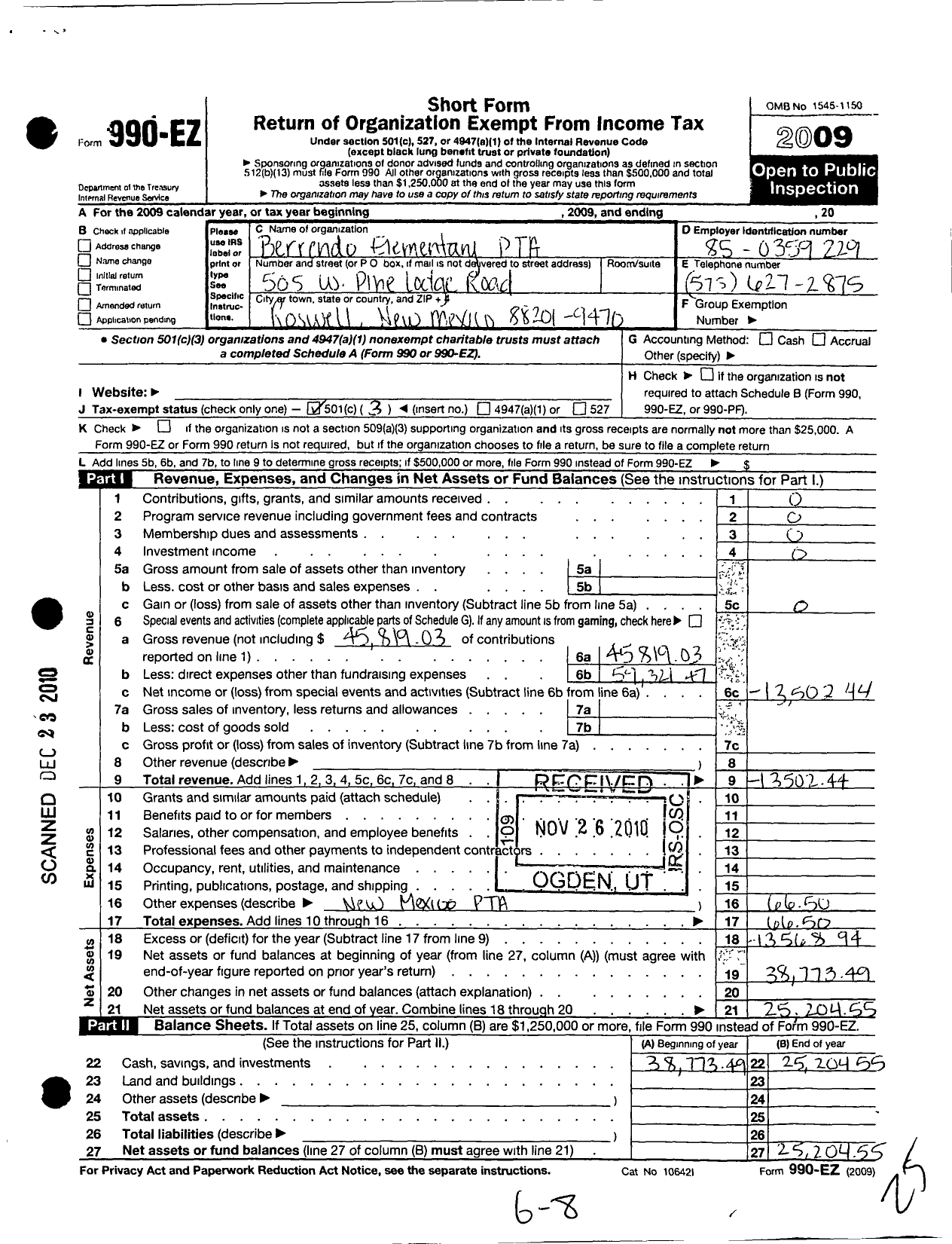 Image of first page of 2009 Form 990EZ for PTA New Mexico Congress / Berrendo Elementary PTA