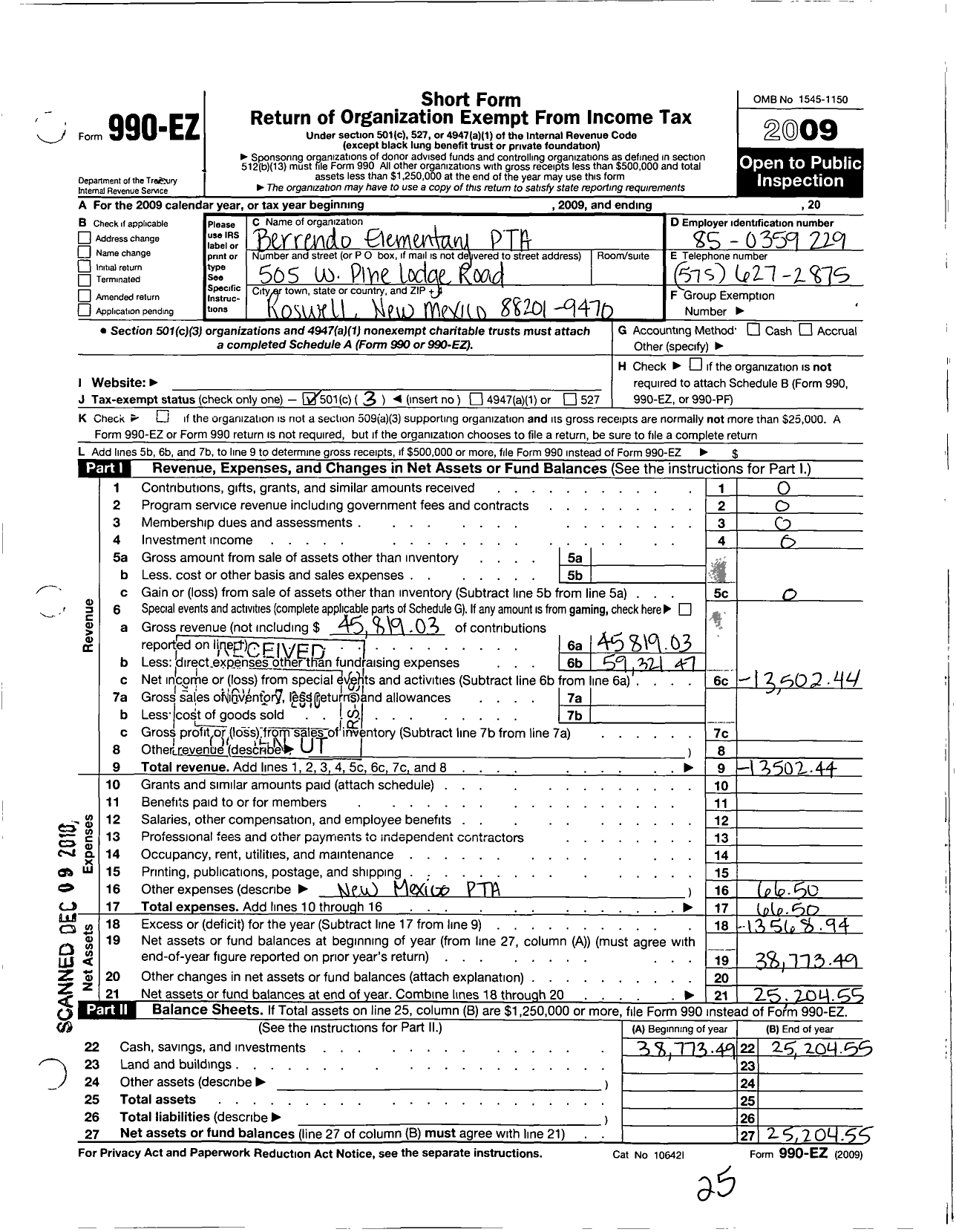 Image of first page of 2009 Form 990EZ for PTA New Mexico Congress / Berrendo Elementary PTA