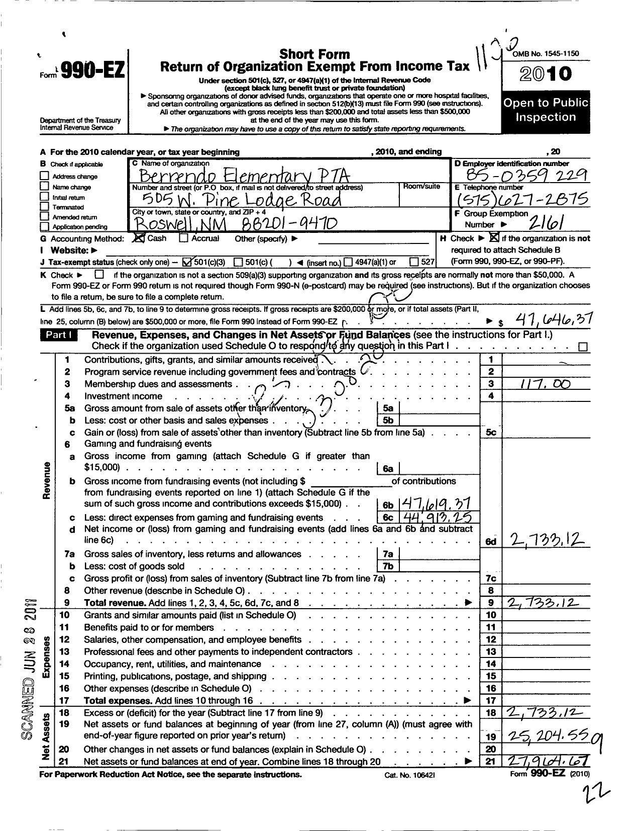 Image of first page of 2010 Form 990EZ for PTA New Mexico Congress / Berrendo Elementary PTA