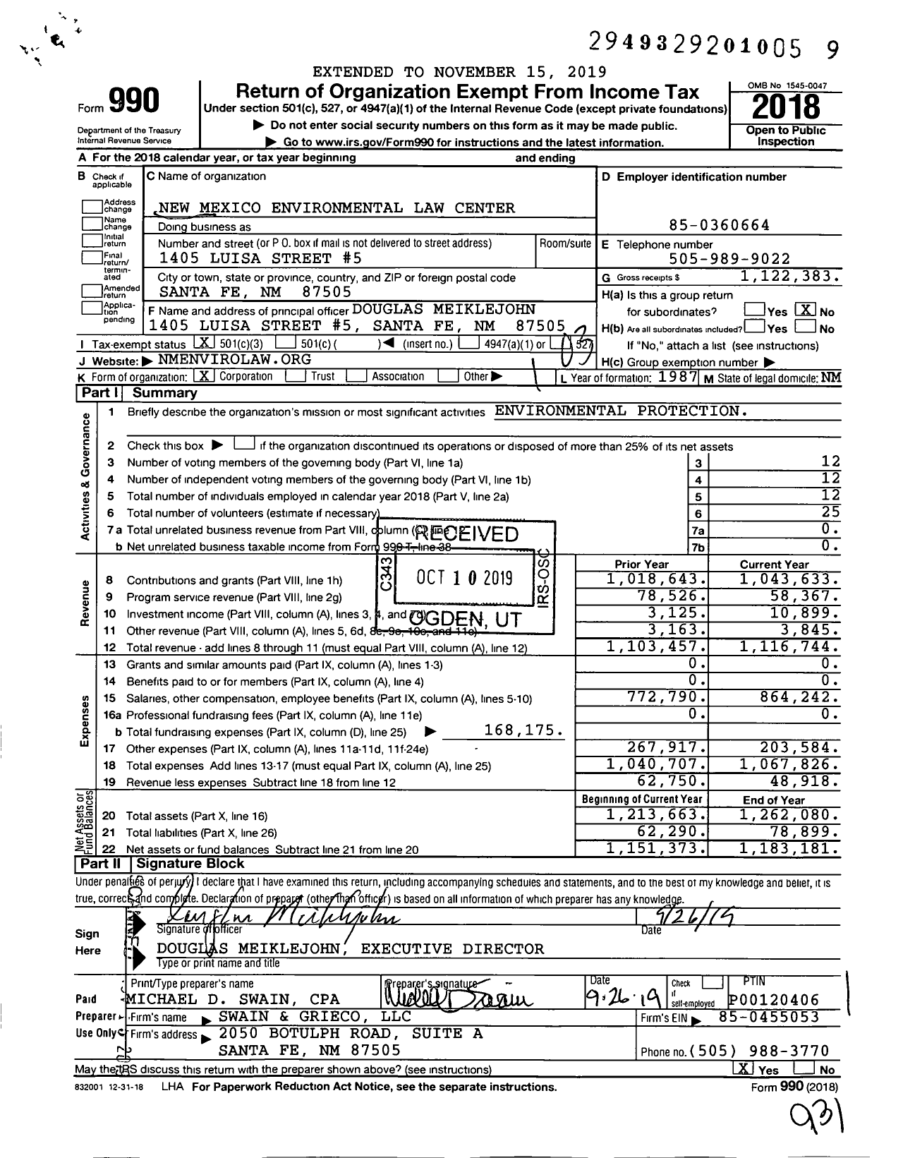 Image of first page of 2018 Form 990 for New Mexico Environmental Law Center (NMELC)