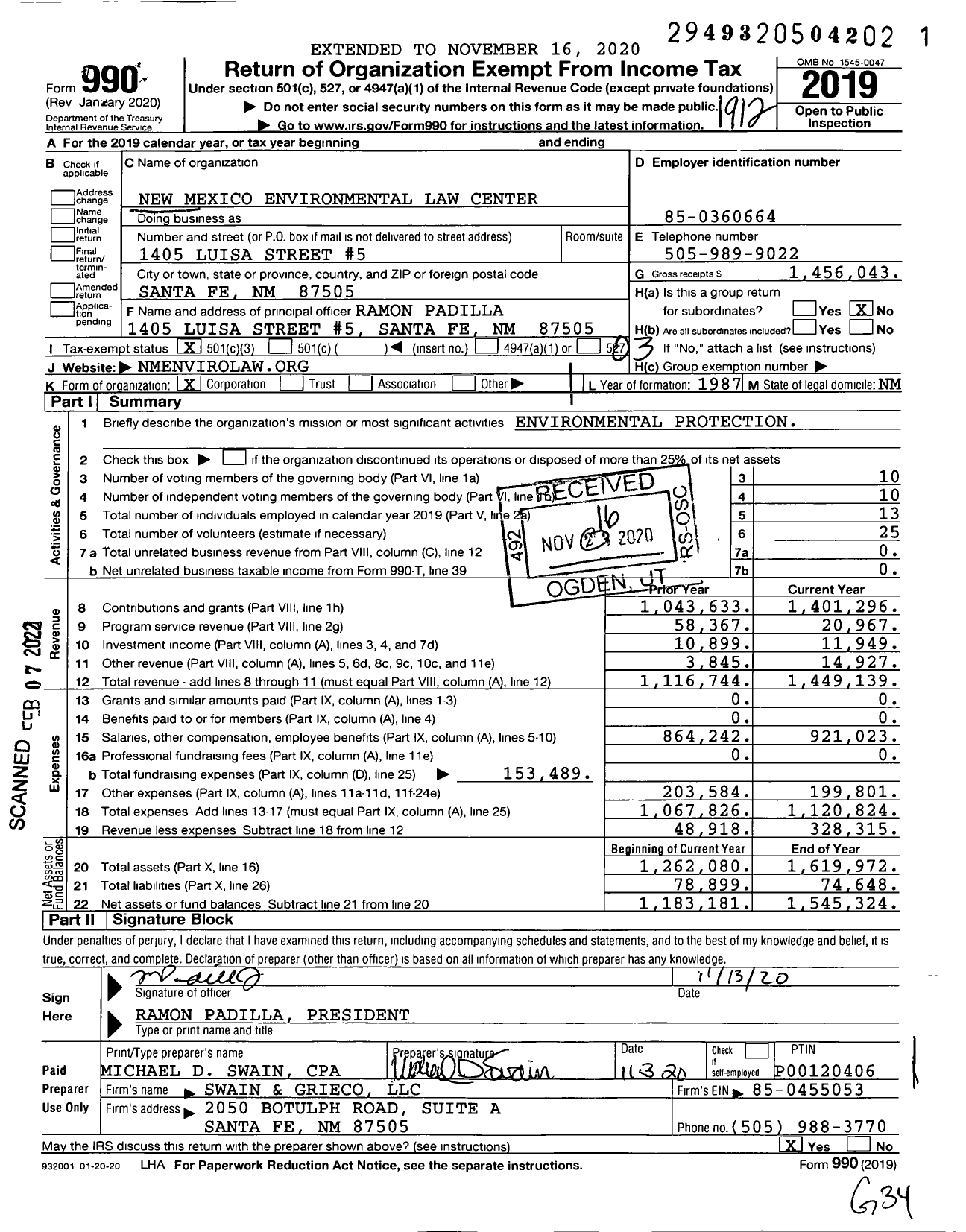 Image of first page of 2019 Form 990 for New Mexico Environmental Law Center (NMELC)