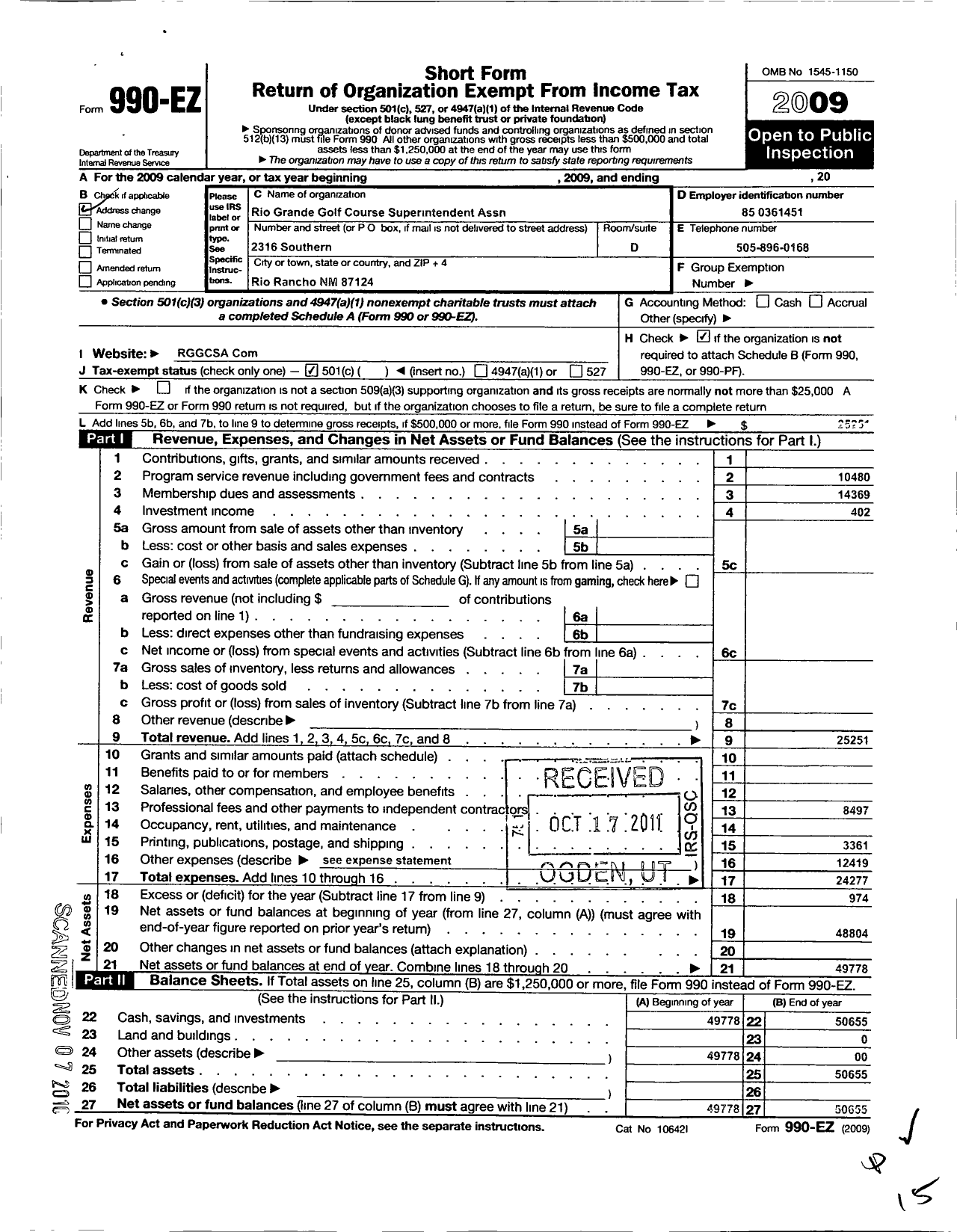 Image of first page of 2009 Form 990EO for Rio Grande Chapter of Golf Course Superintendents Association