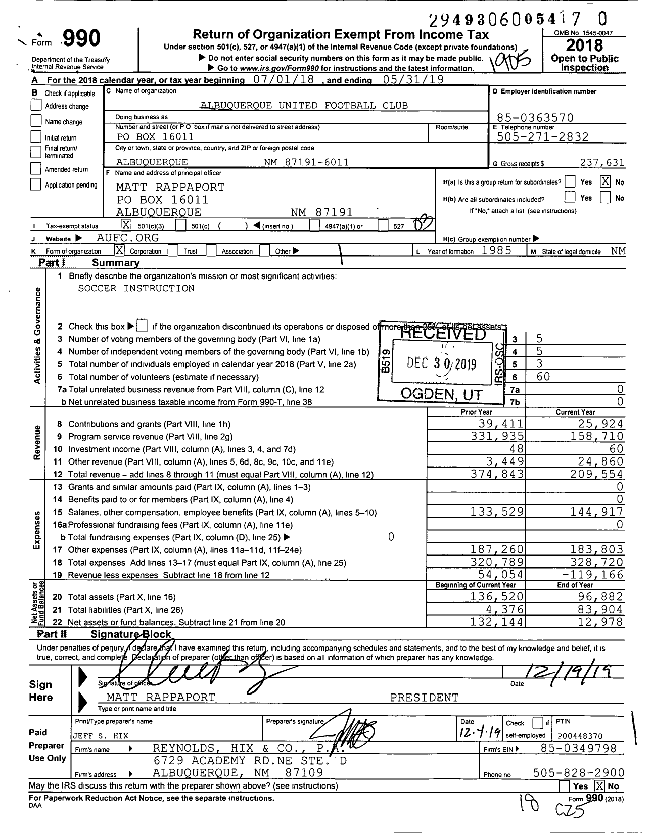 Image of first page of 2018 Form 990 for Albuquerque United Football Club