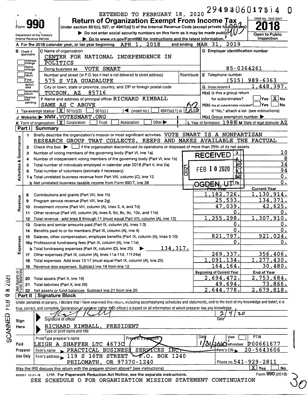 Image of first page of 2018 Form 990 for Vote Smart