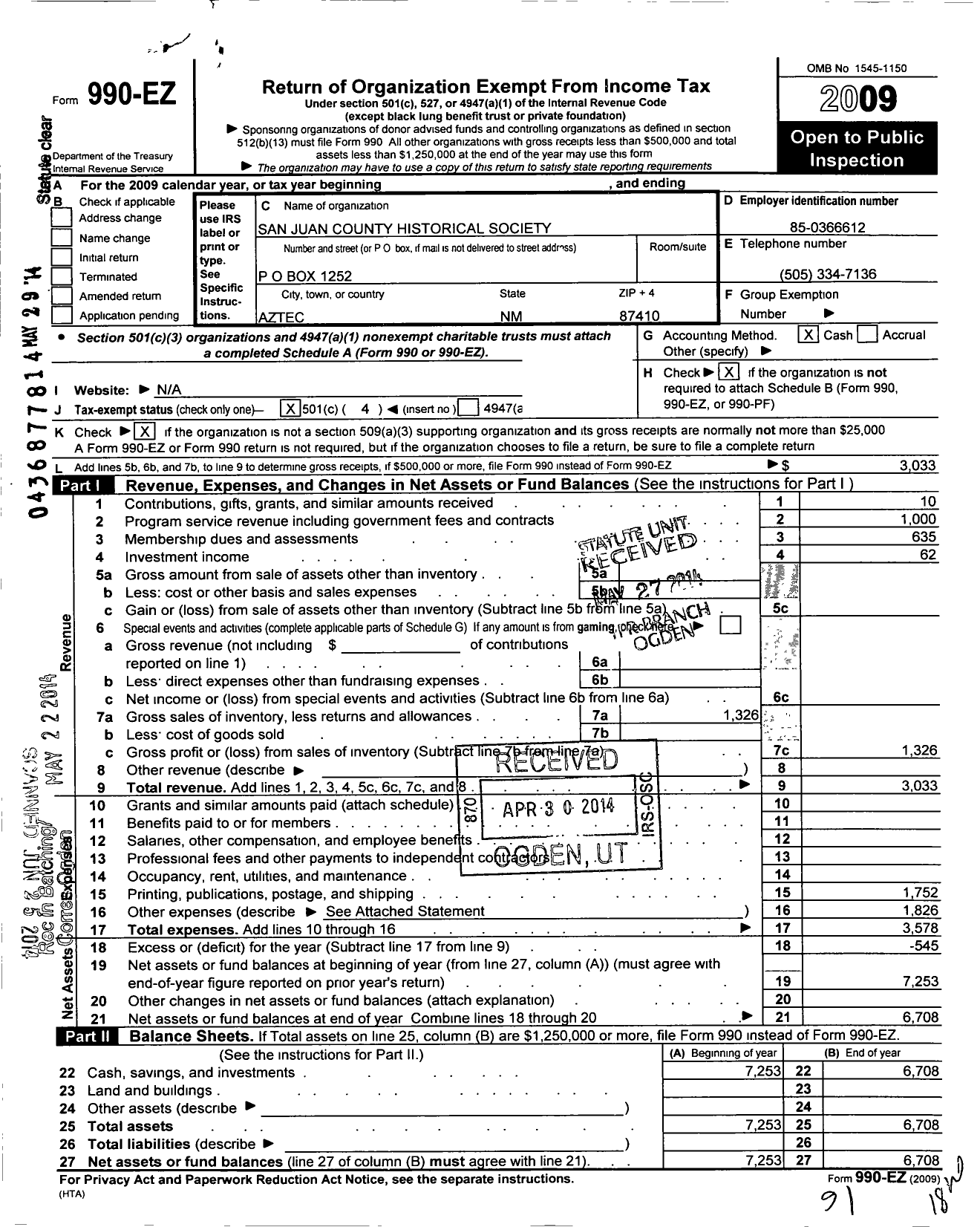 Image of first page of 2009 Form 990EO for San Juan County Historical Society